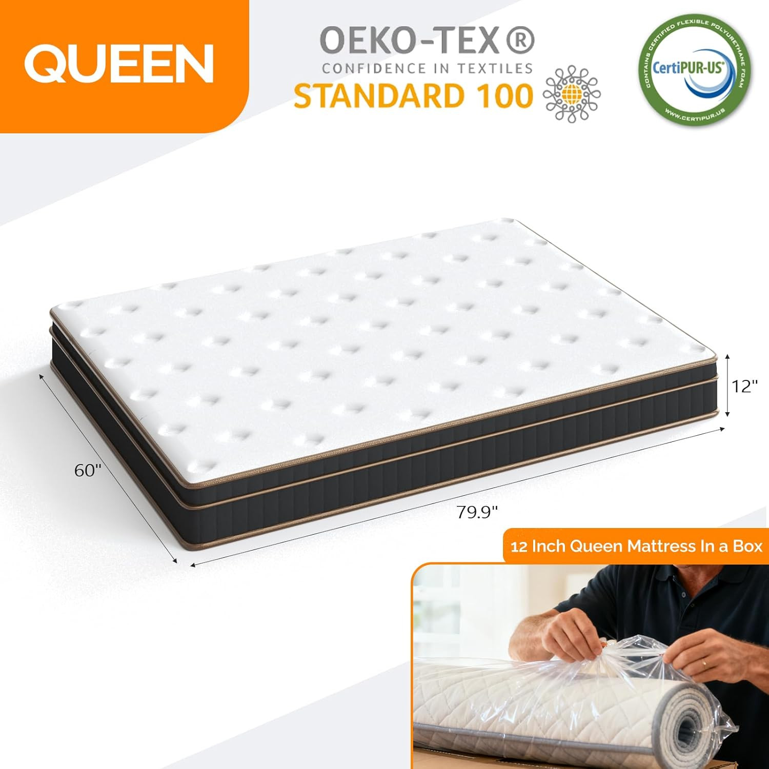VINGLI 12 Inch Queen Hybrid Memory Foam Mattress in a Box,Individually Wrapped C