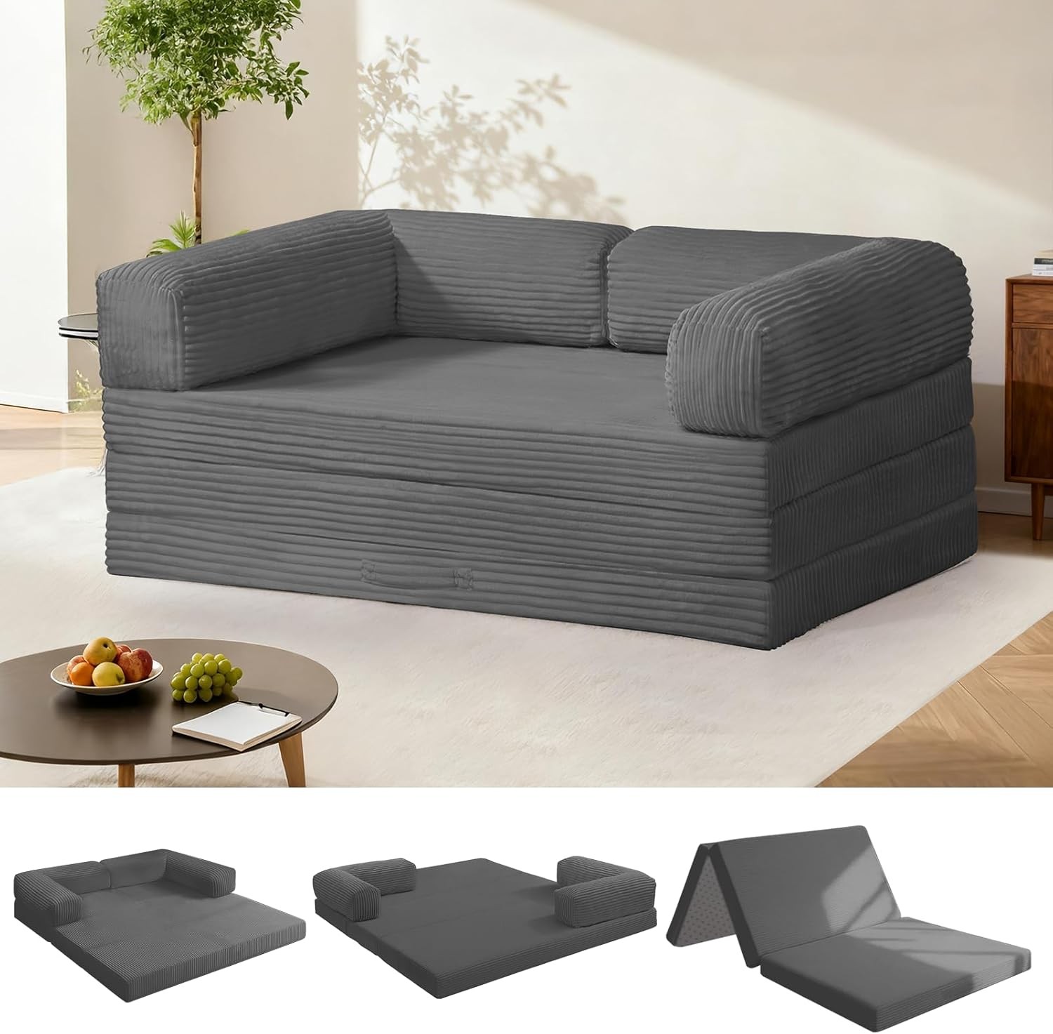 Tri-Fold Foldable Mattress Convertible Folding Sofa Bed W/ Removable Arms &