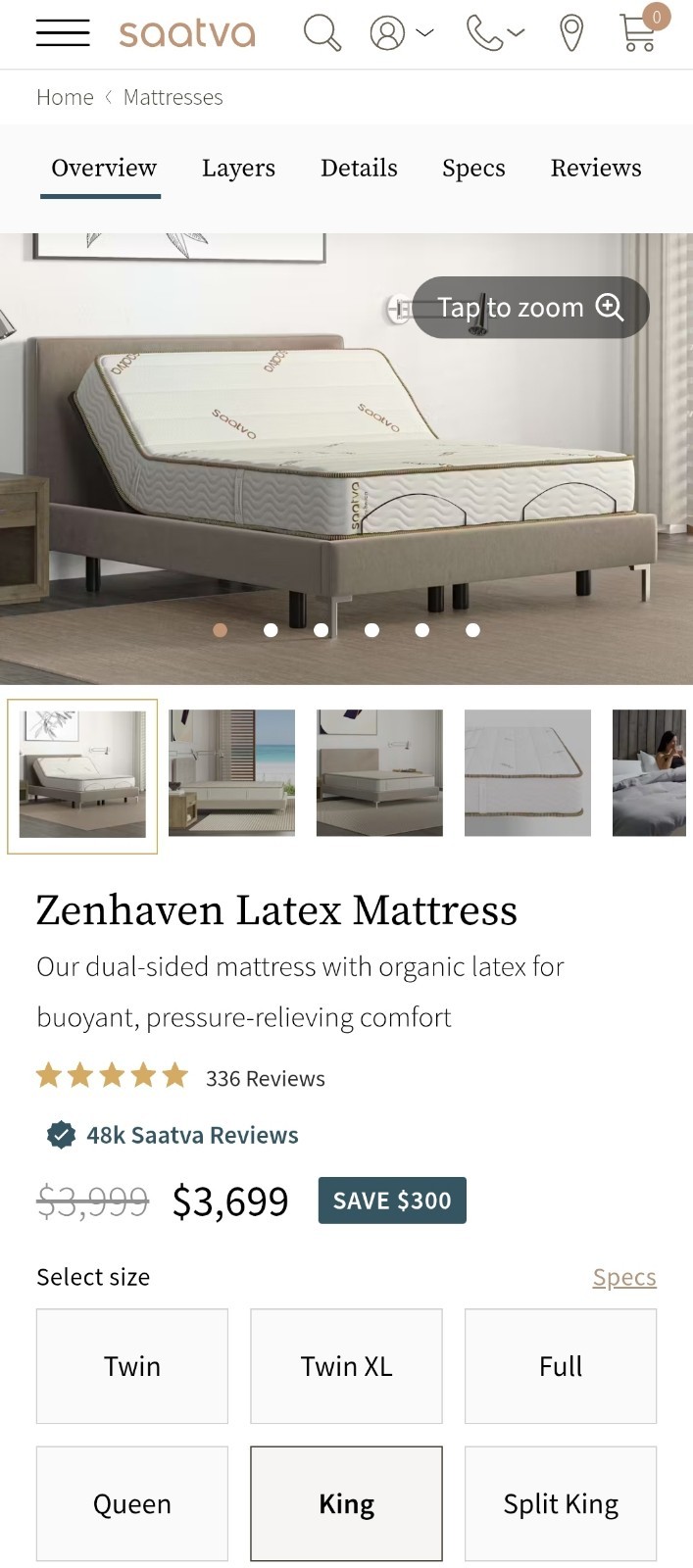 Saatva Zenhaven King Size Pure Latex No Inner Springs