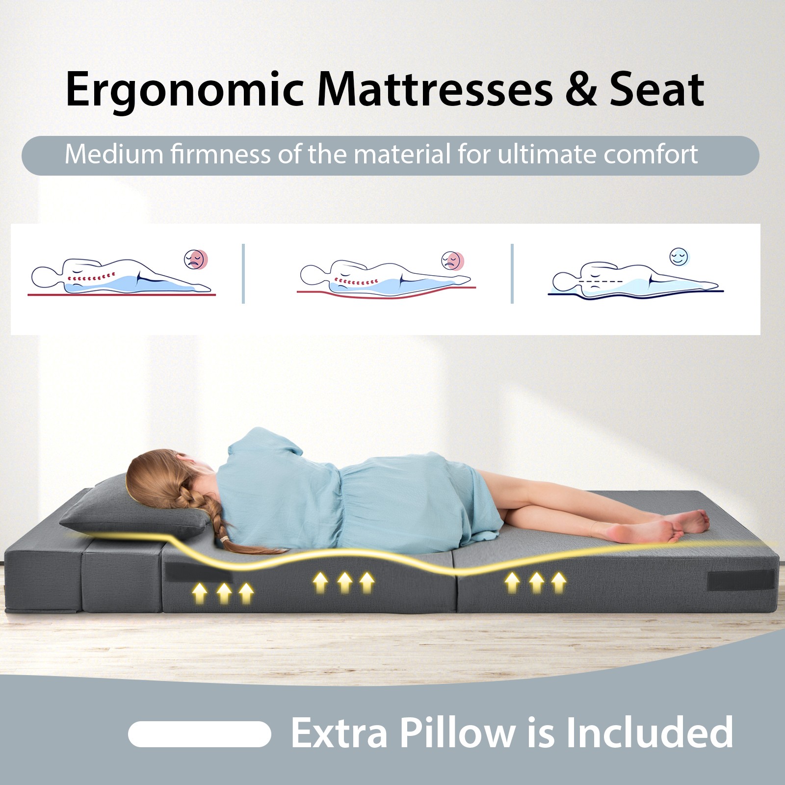 Folding Mattress w/ Pillow 6 Inch Tri-fold Sofa Bed w/ High-Density Foam
