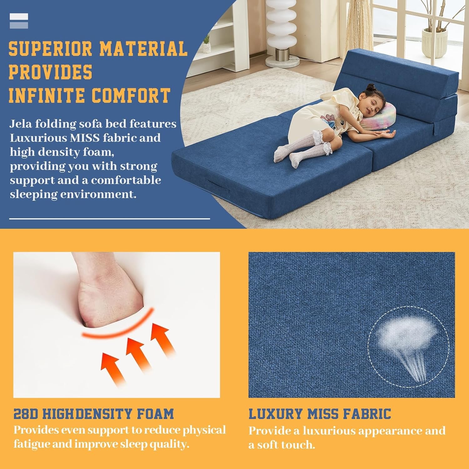 jela Foldable Sofa Bed Soft Foam Convertible Standard, Miss Fabric Navy