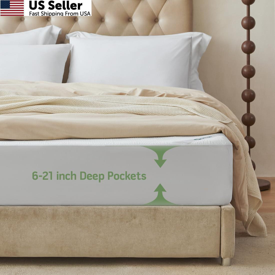 Premium Jacquard 100% Waterproof Twin Mattress Protector, Twin, White