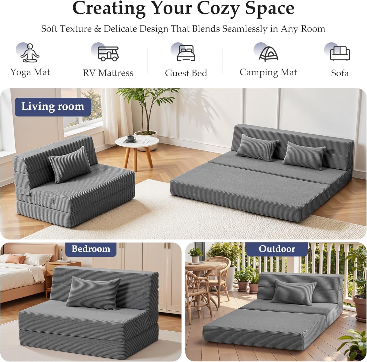 Folding Sofa Bed Convertible Sleeper Chair with Pillow, 4-in-1