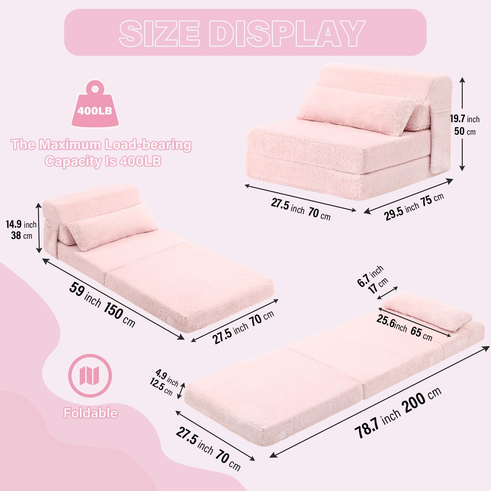 Convertible Folding Sofa Bed Single Size for Adults with Pillow, Plush Fabric…