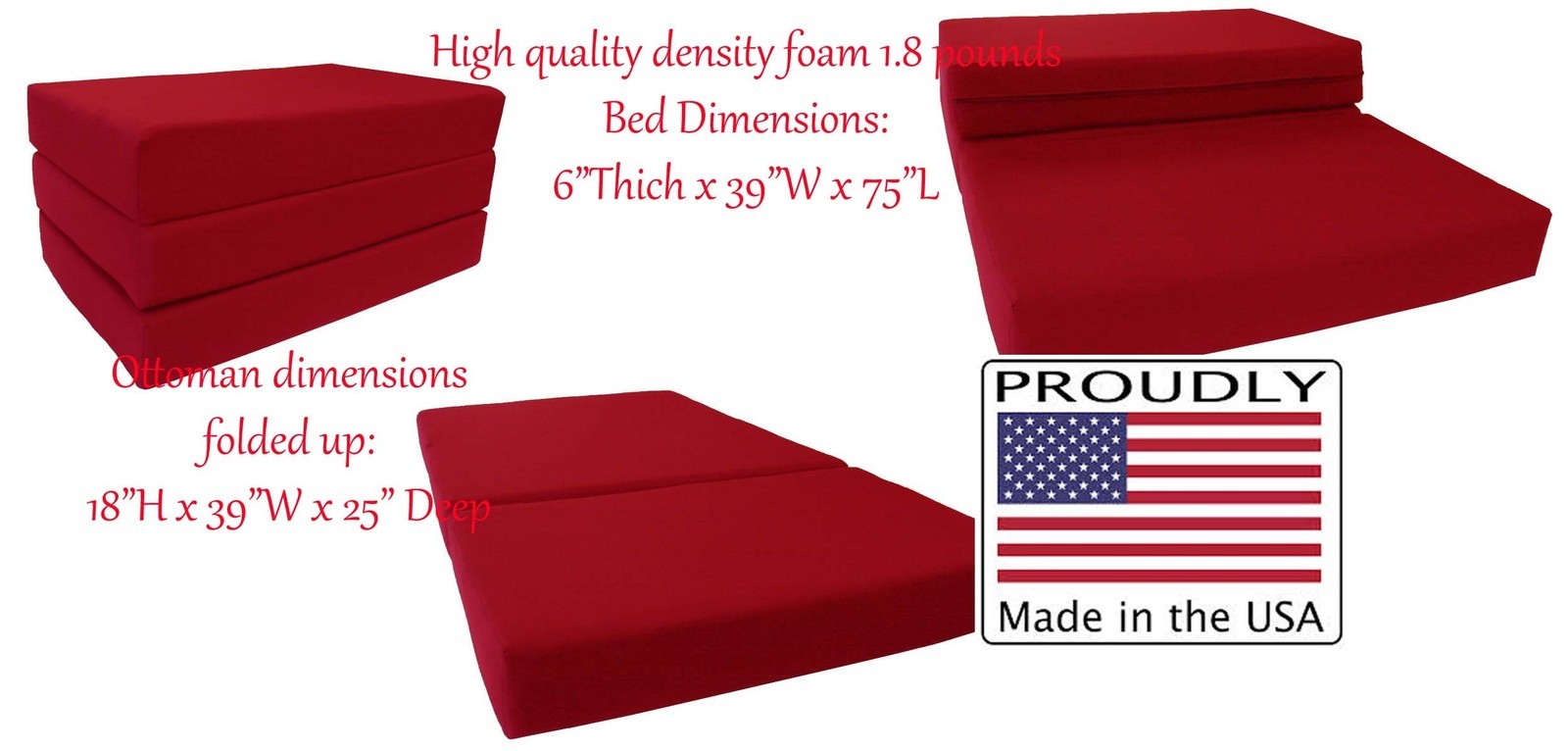 Full Size Red Trifold Foam Bed, 6 x 54 x 75 Folding Mattress, 1.8 lb Density