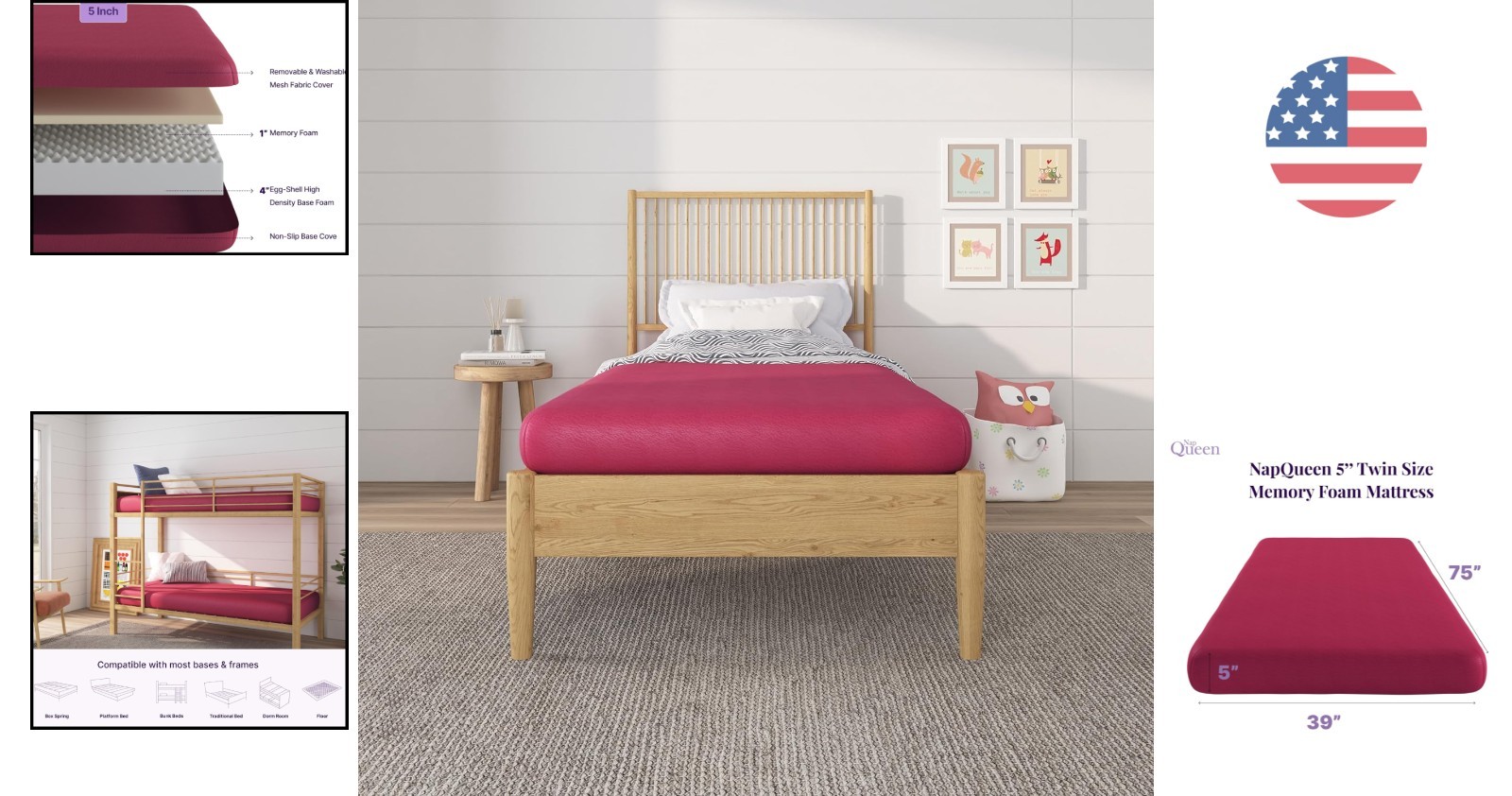 Soft Pink 5-Inch Twin Memory Foam Mattress – Hypoallergenic & Water Resistant