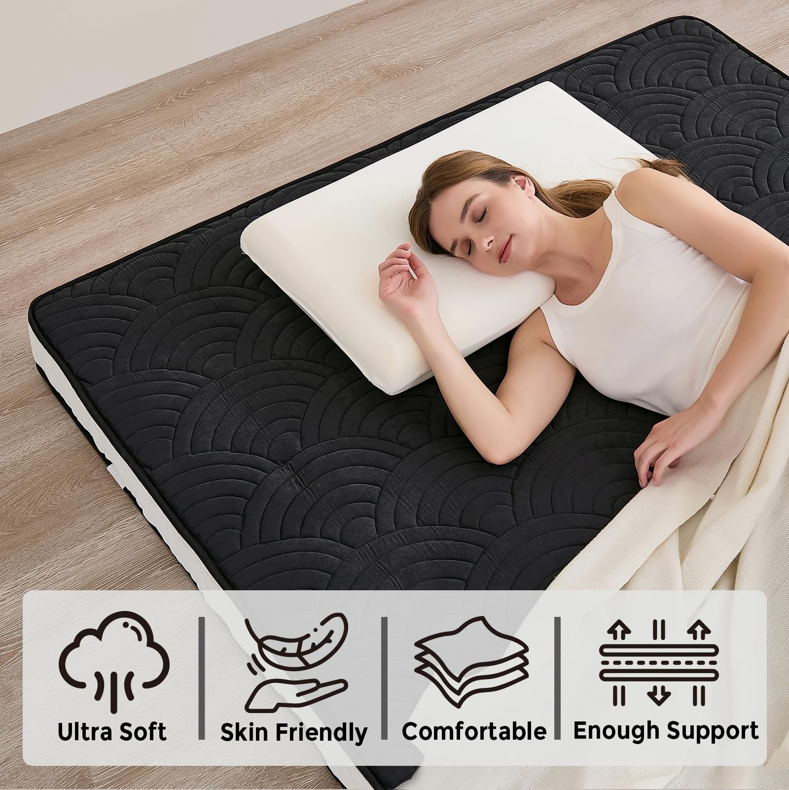 Japanese Floor Mattress, Quilted Futon Mattress with Anti-Slip Bottom, Foldab…