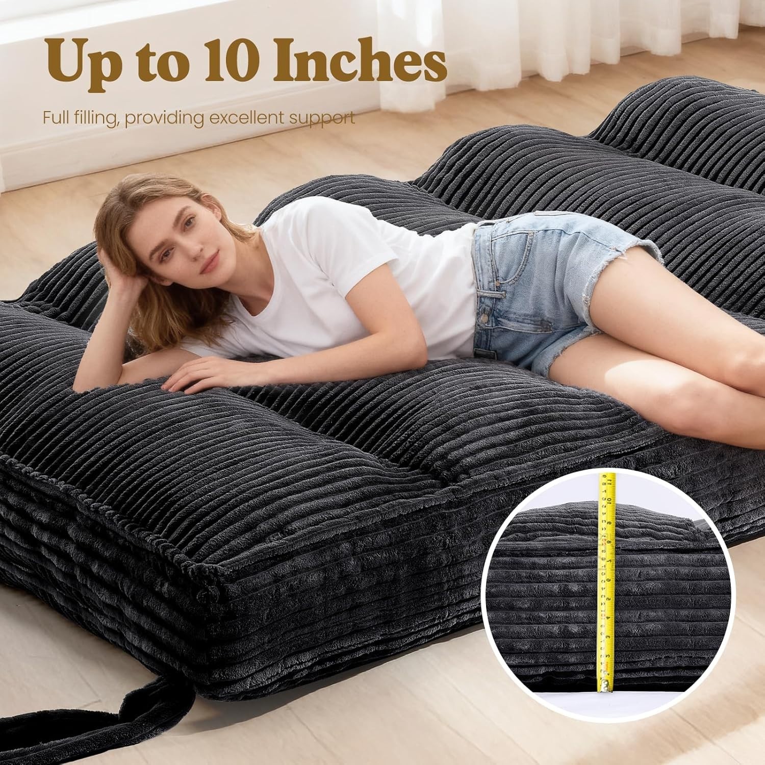 10″ Futon Mattress Queen Size Futons Sofa Couch Bed with Straps Thick Corduroy