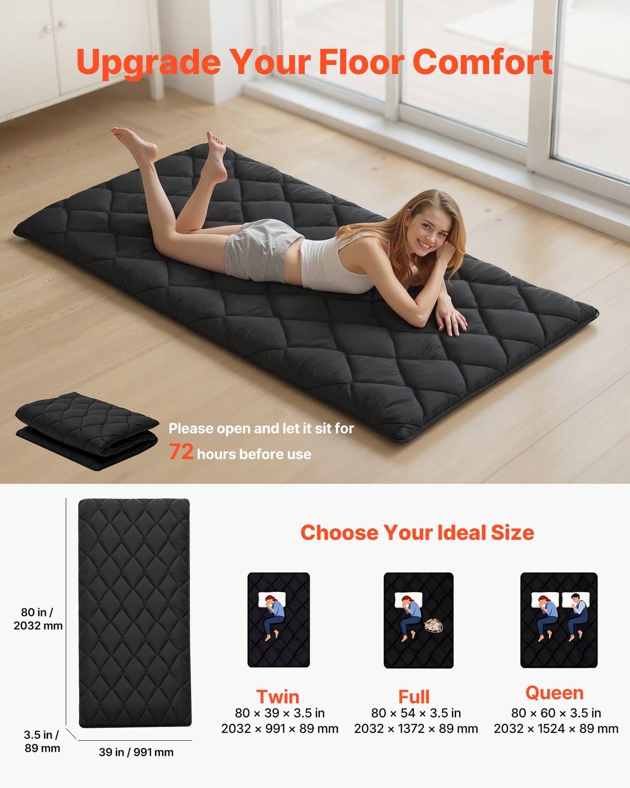 VEVOR Japanese Tatami Mattress Twin Foldable Futon Mat with Storage Bag Black