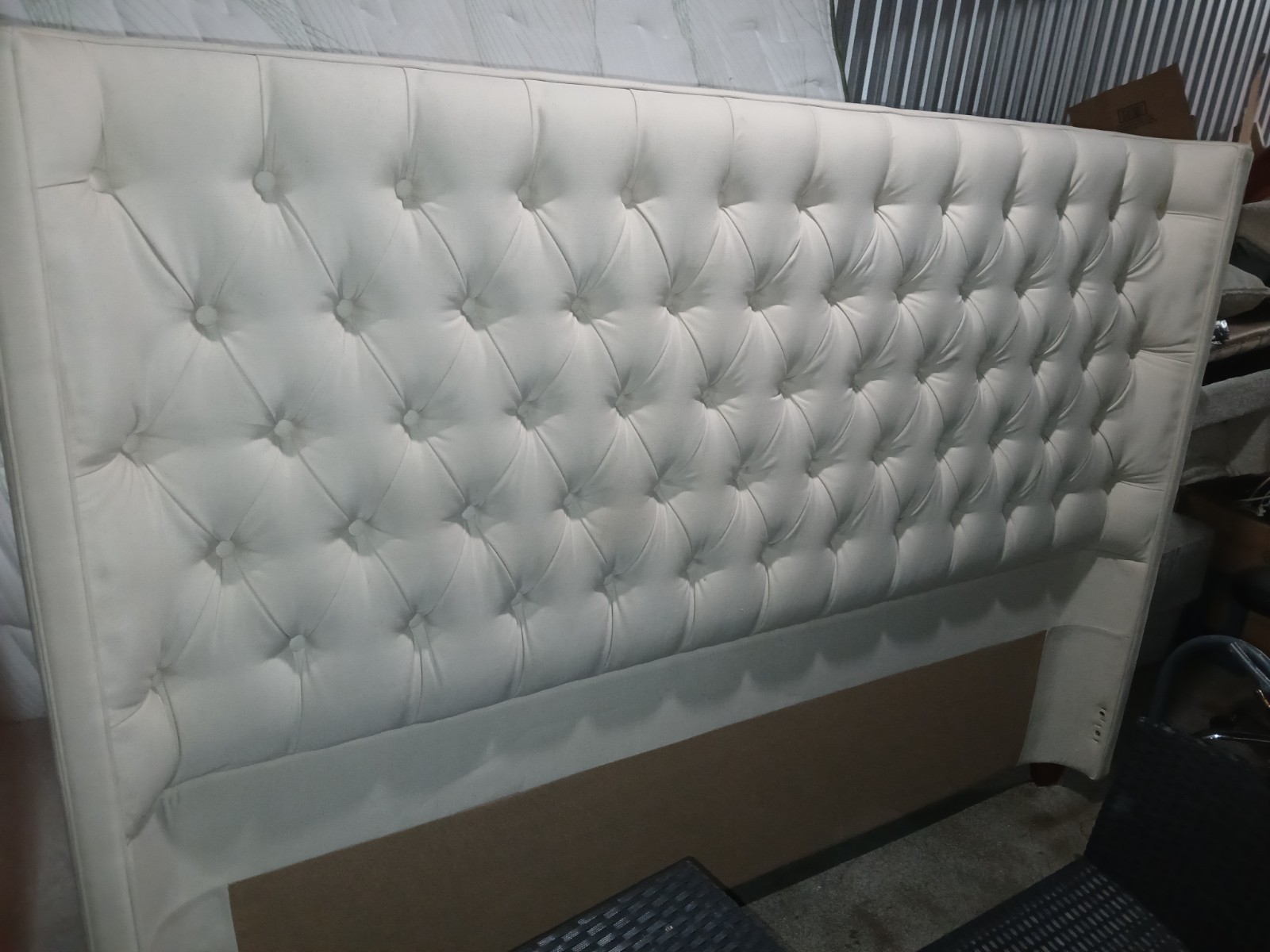 King Size Mattress Set with Upholstered Headboard, Geometric White Beige