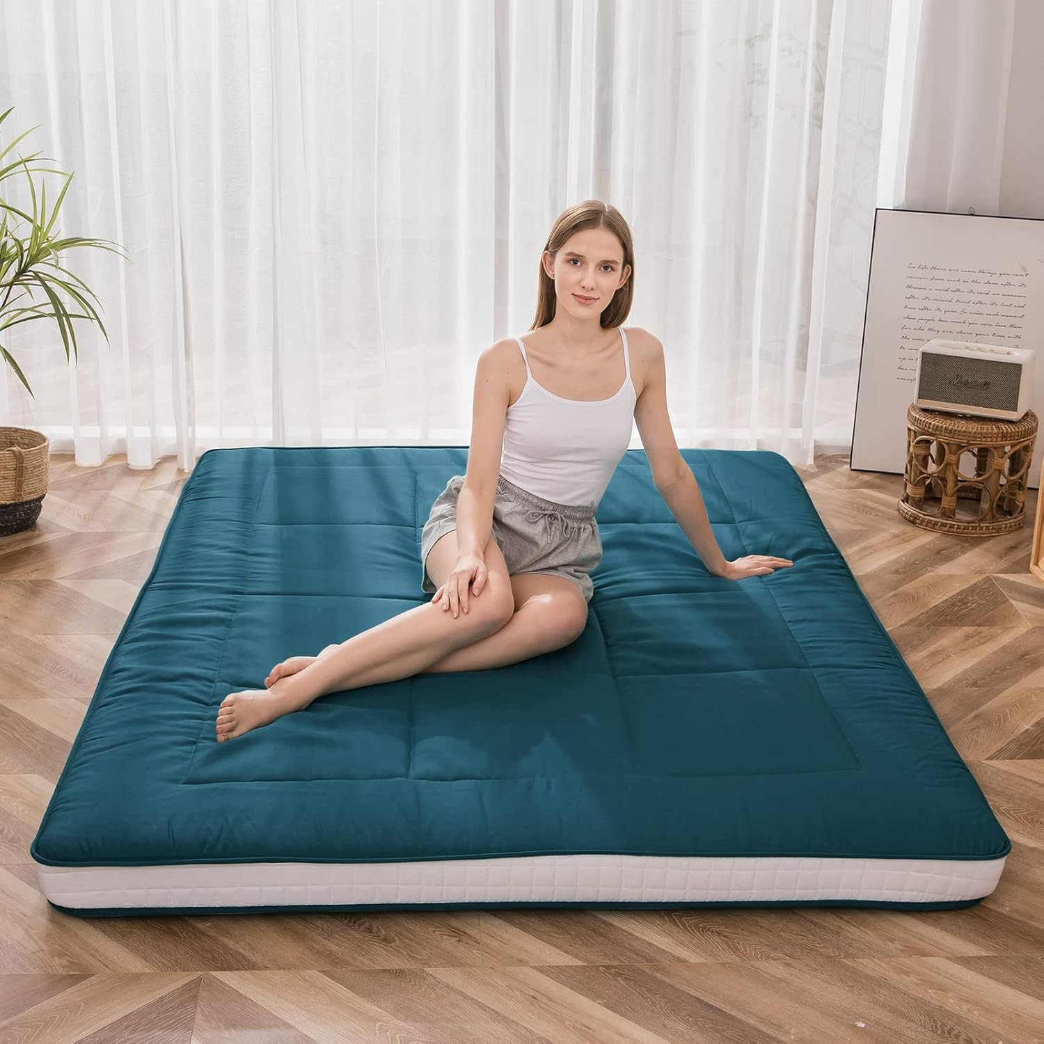 Extra Thick Quilted Futon Mattress – Full Size Folding Sleeping Pad, Bluestone
