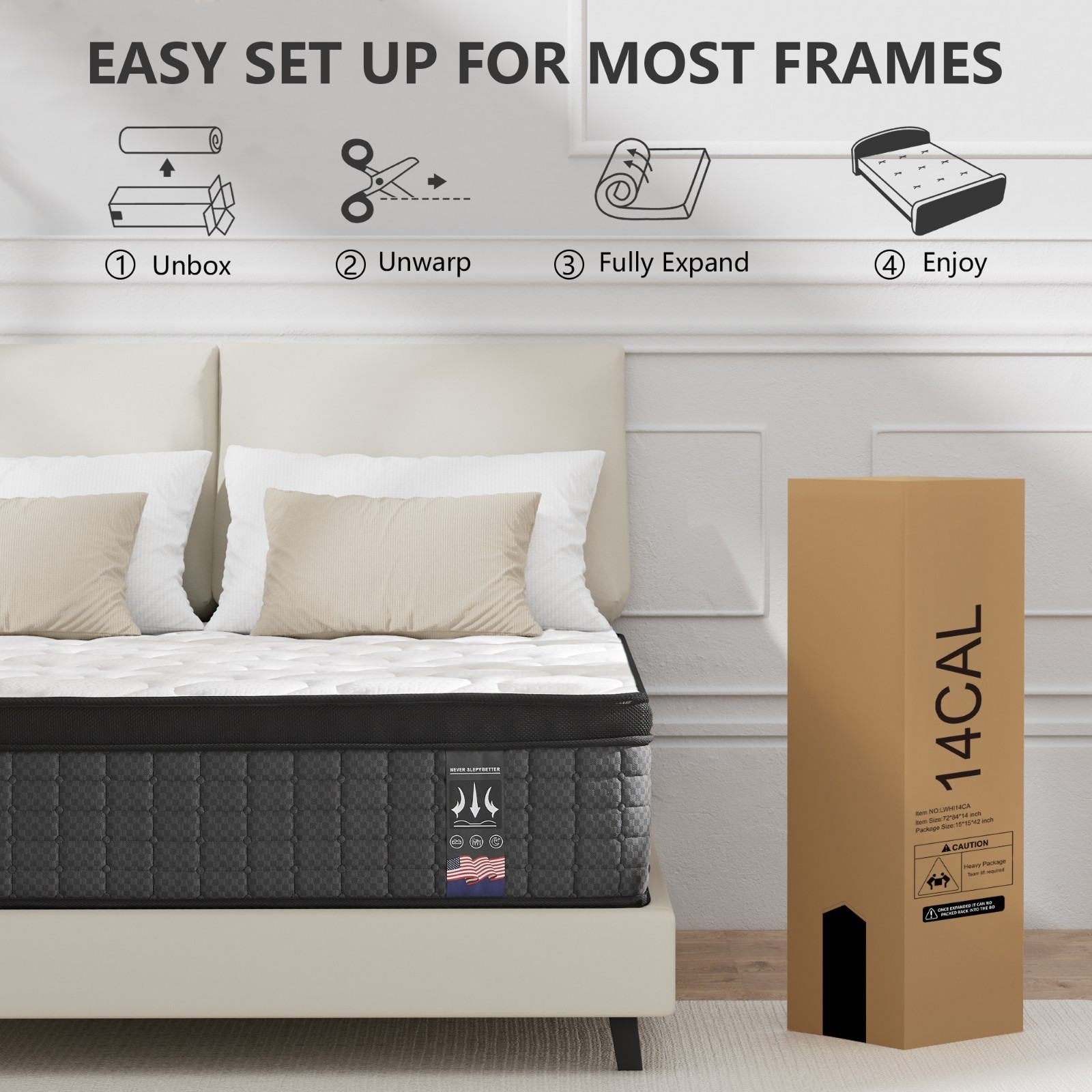 14″ Gel Memory Foam Mattress Hybrid Spring Queen Mattress Medium Firm in a Box