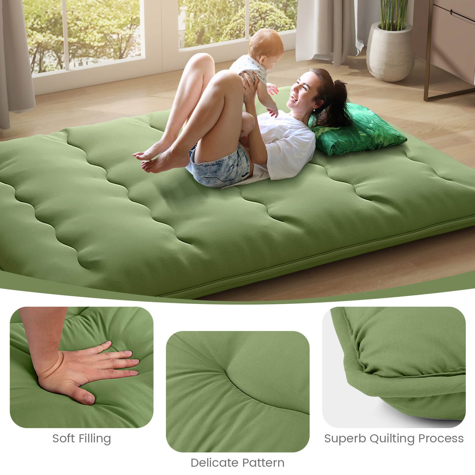 Queen Futon Mattress Japanese Floor Pad Washable Cover Carry Bag Green