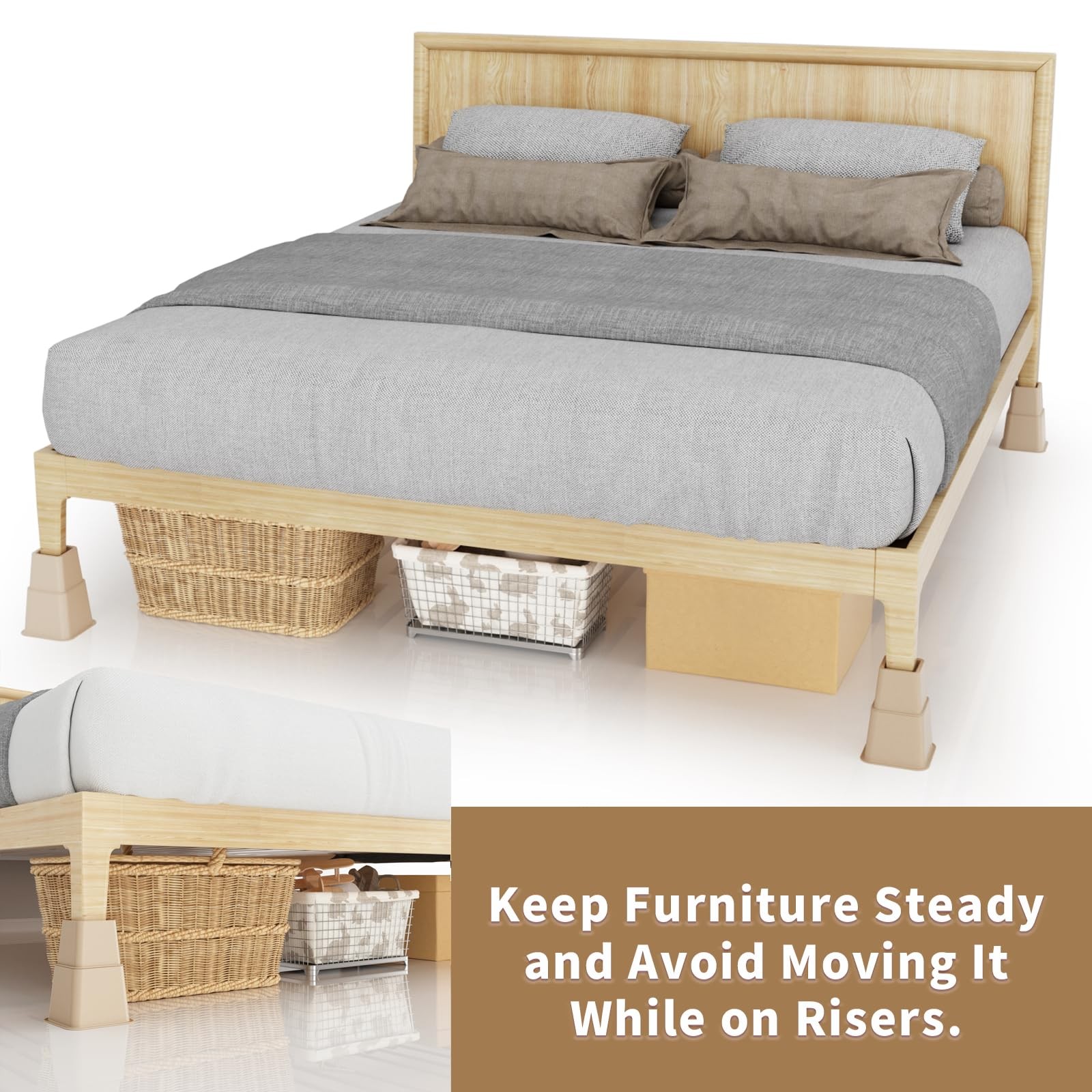Adjustable Bed Risers 3, 5, 8 Inch Heavy Duty, Stackable Furniture Brown