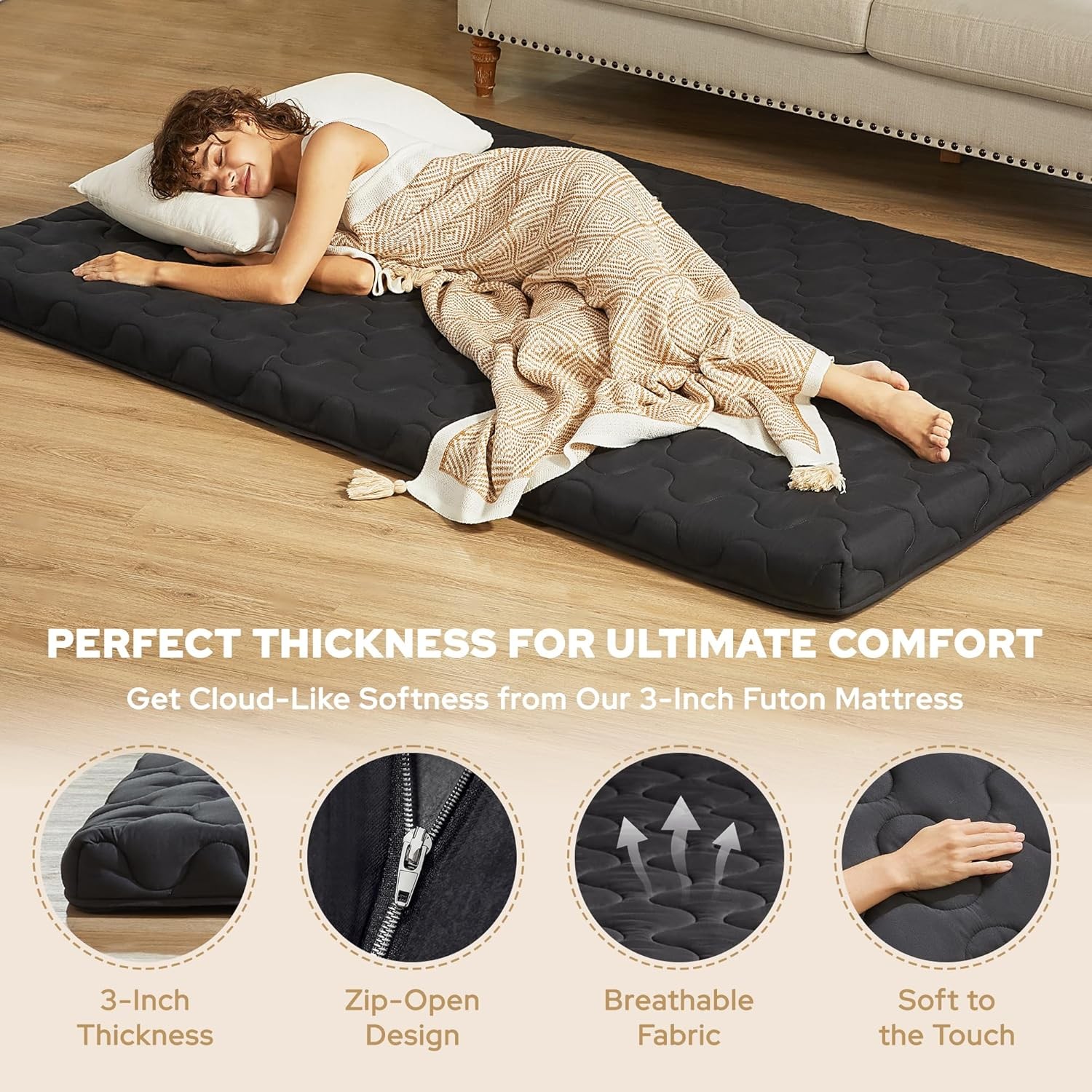 Japanese Floor Mattress, Futon Mattress Queen Size 3″ Thick Portable, Gray