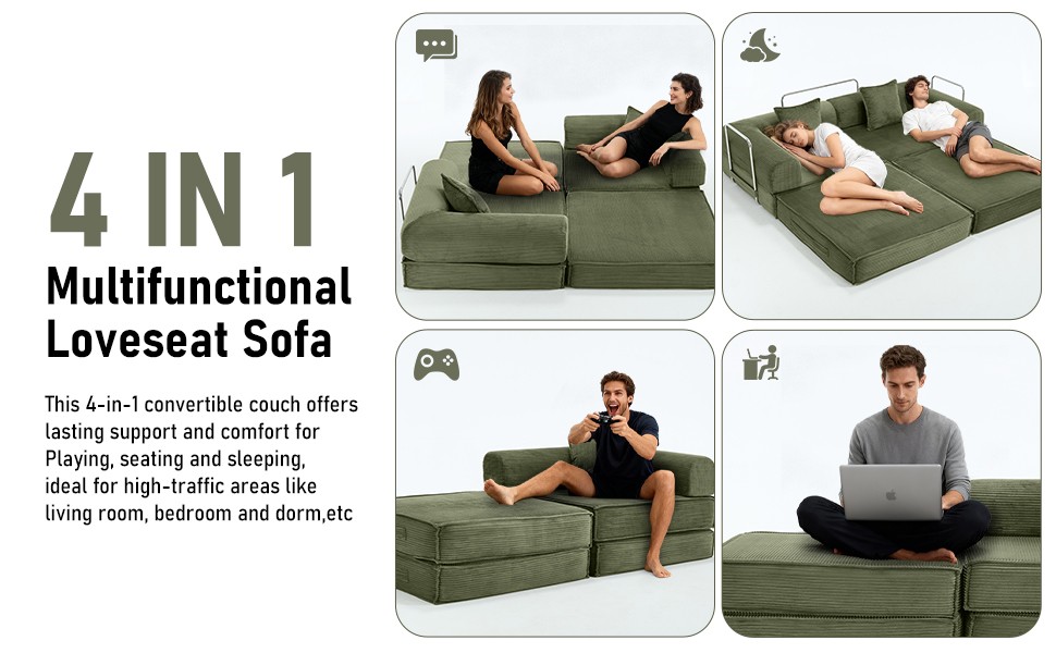 78″ Convertible Sleeper Sofa Bed, Modular Corduroy Couch with 2 Pillows,
