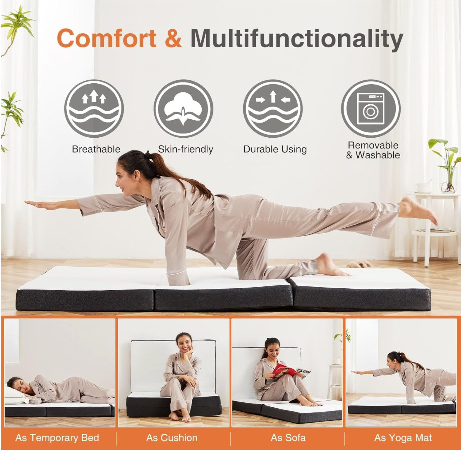 3″ Thickness Tri-fold Memory Foam Mattress, Portable Floor Bed, Foldable Mat