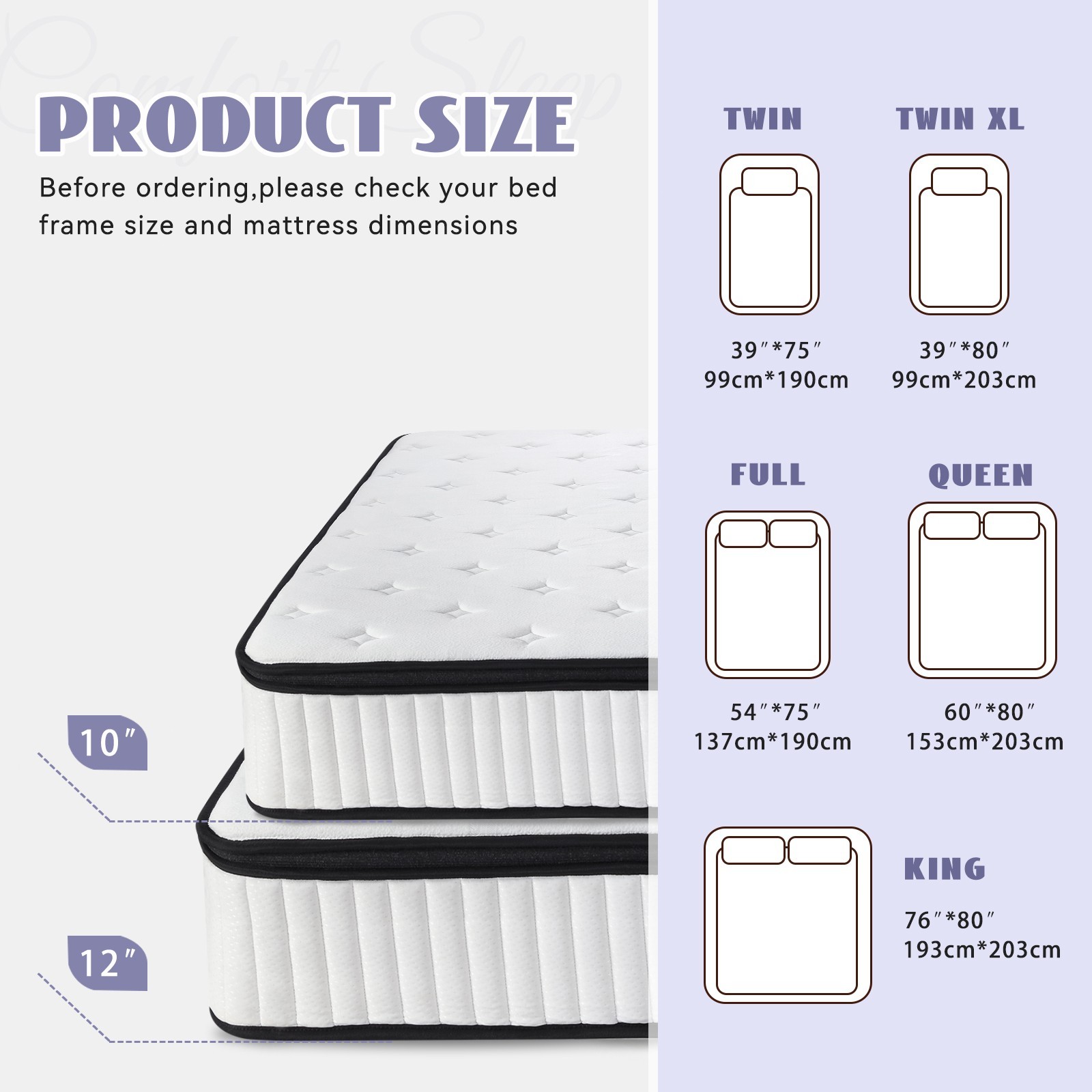 Hbaid 12″ Pocket Spring Hybrid Mattress, Twin Txl Full Queen King Size