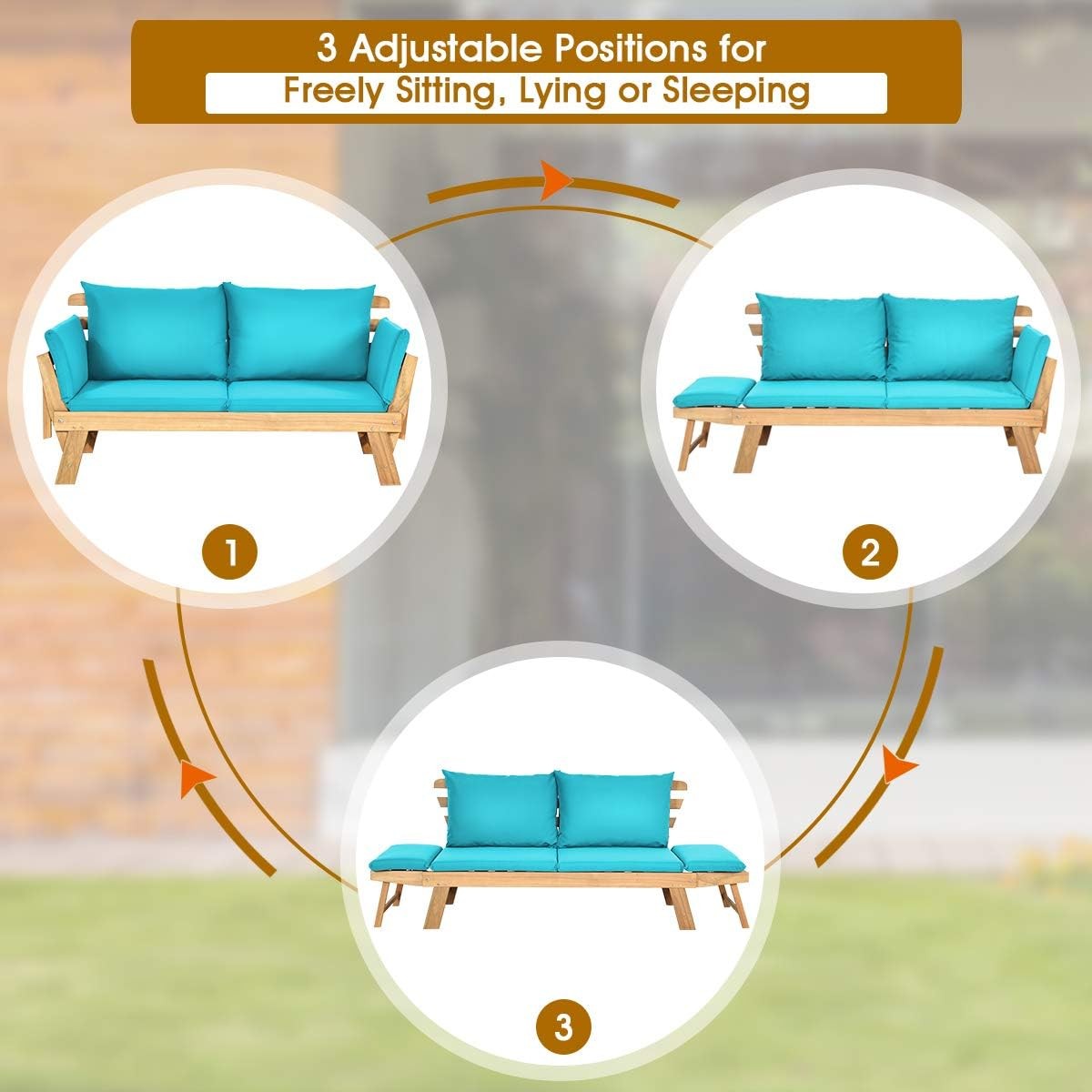 Convertible Acacia Wood Patio Couch Sofa Bed with Adjustable