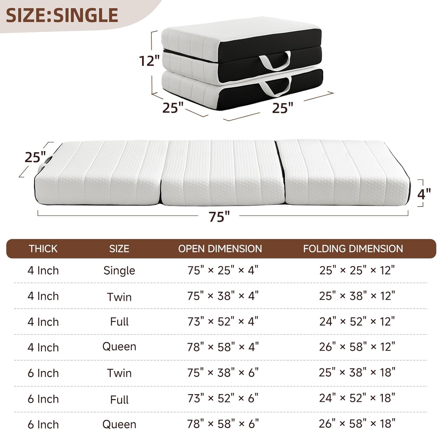 Foldable Mattr, Single Tri-Fold Memory Fo Mattr per with