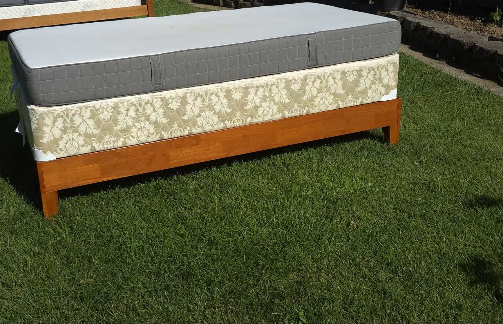 Twin Firm Quilted Mattress White Gray Beige Fabric Cover with a Wooden Bed frame