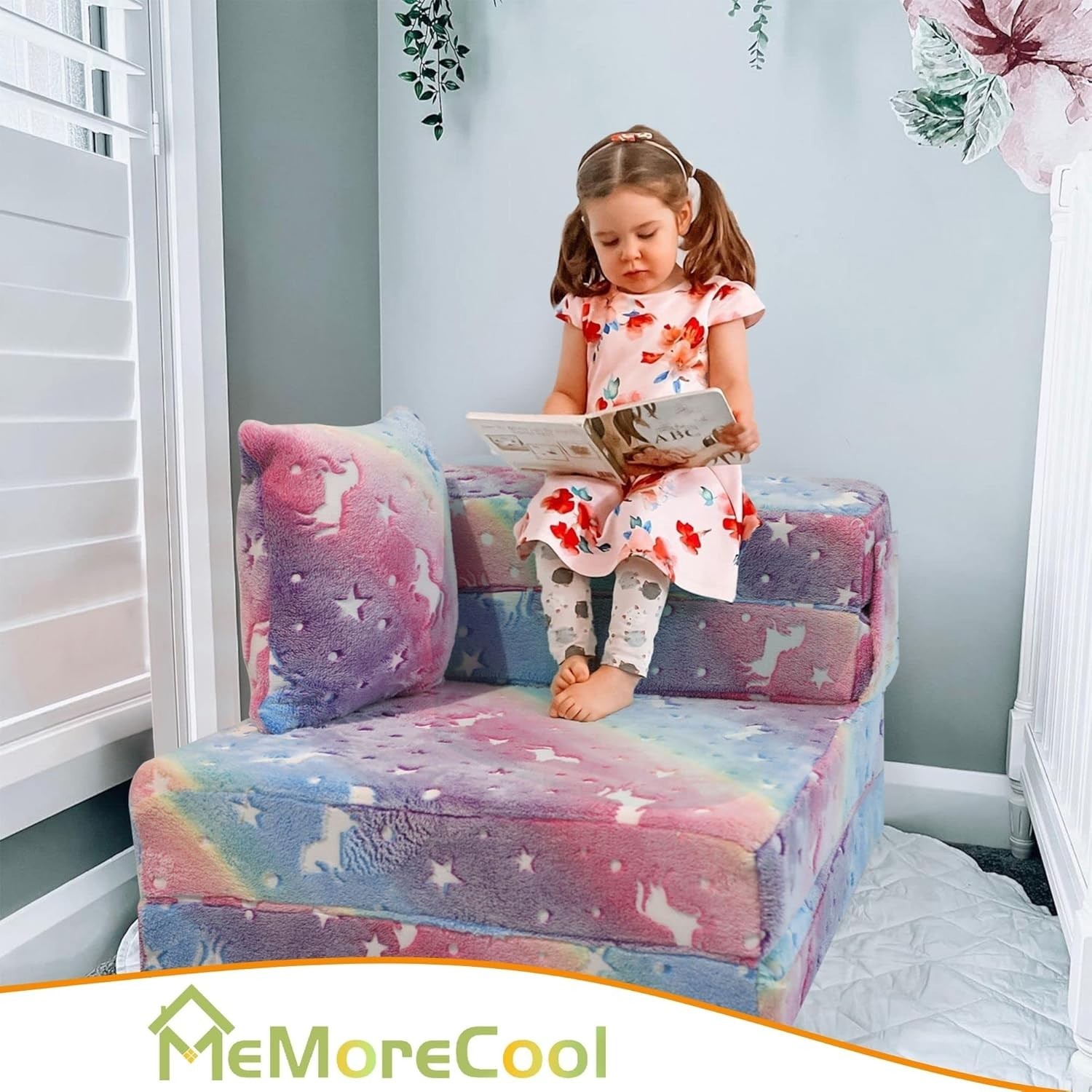 Glow Rainbow Unicorn Tri-fold Sofa Bed for Kids, Foldable Futon Mattress, Cha…