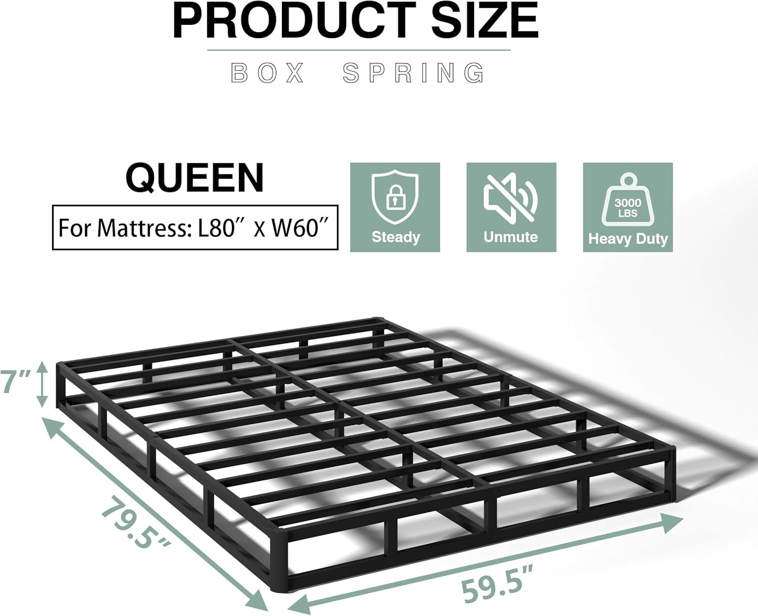 7 Inch Box Spring for Queen Bed, Heavy Duty Metal Mattress, 3000 lbs Capacity
