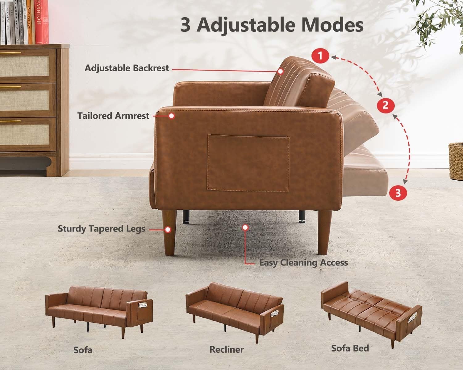 75″ Futon Sofa Bed, Mid- Modern Futon Couch, Convertible Sleeper