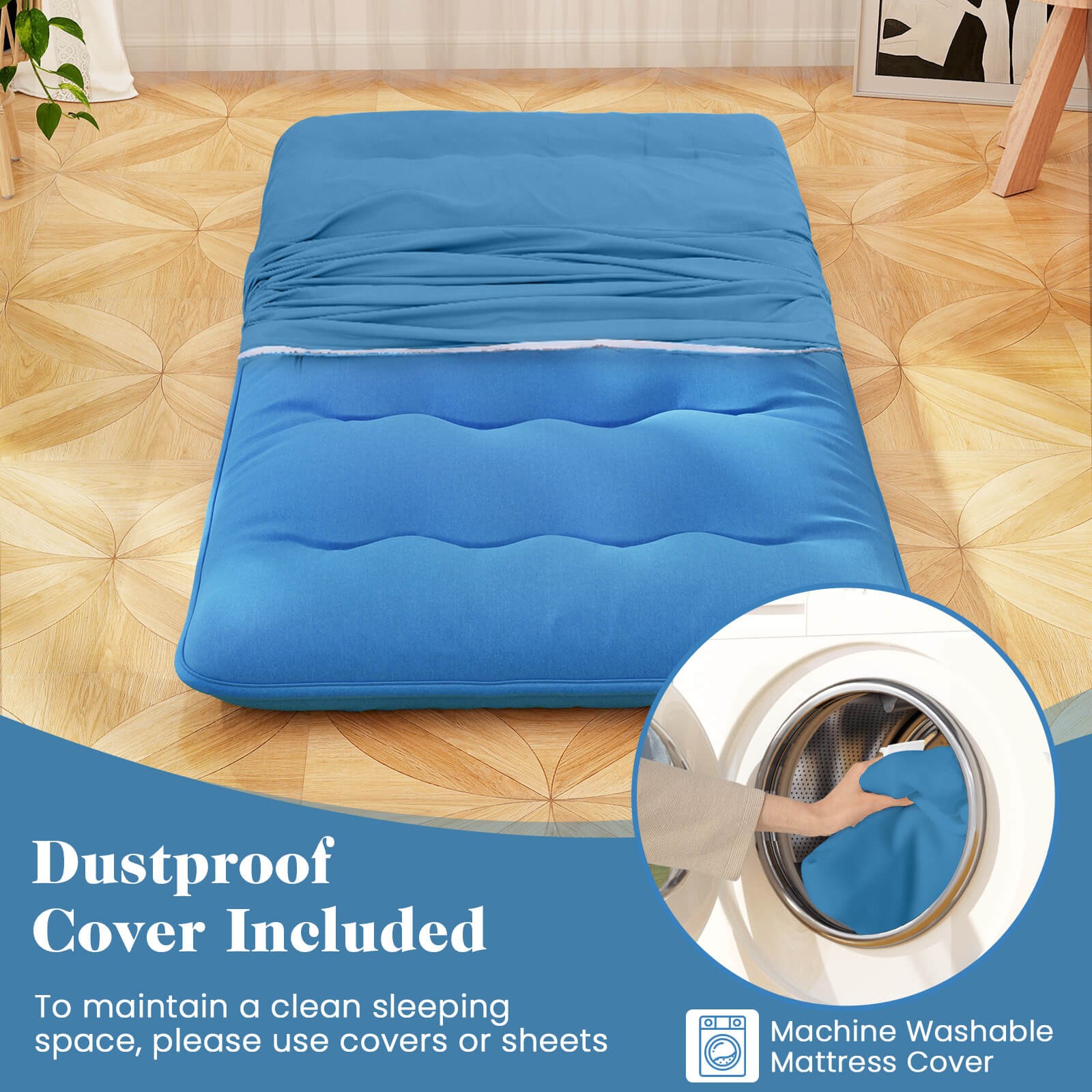 Twin Futon Mattress Japanese Floor Sleeping Pad Washable Cover Carry Bag Blue