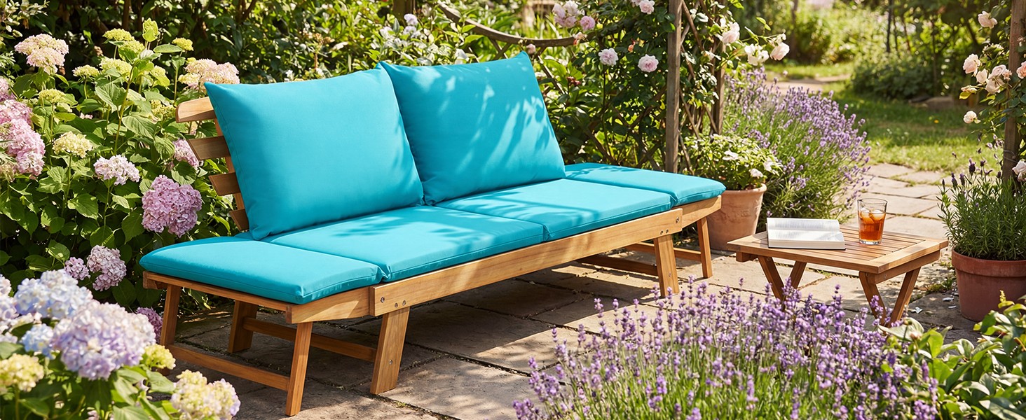 Convertible Acacia Wood Patio Couch Sofa Bed with Adjustable
