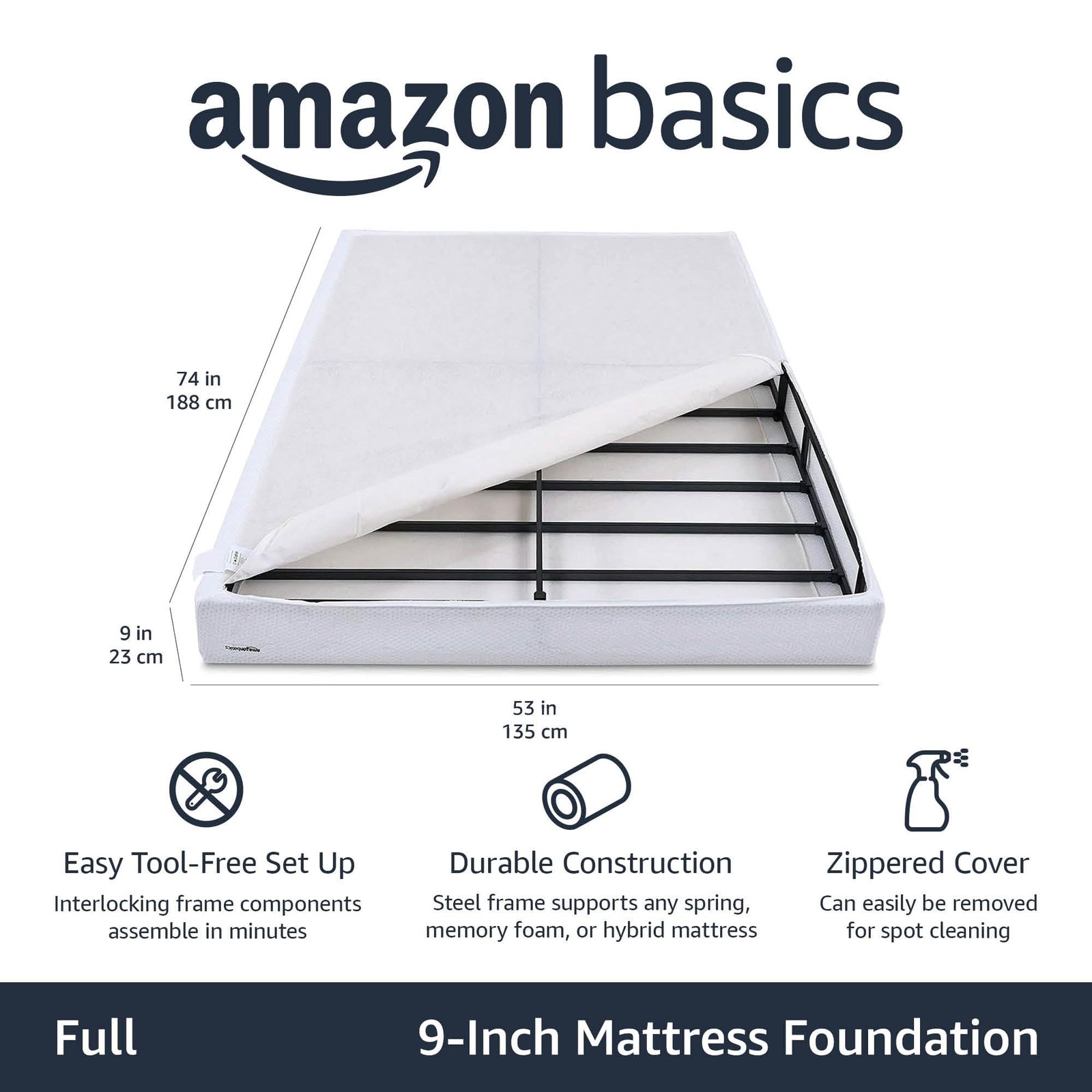 Amazon Basics Smart Box Spring Bed Base, 9-Inch Full(74″L x 53″W), White