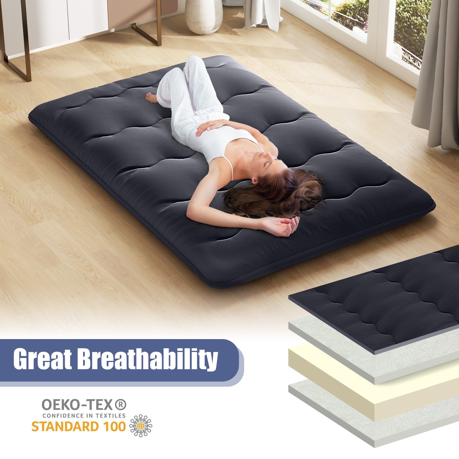 Full Futon Mattress Japanese Floor Pad Washable Cover Carry Bag Black