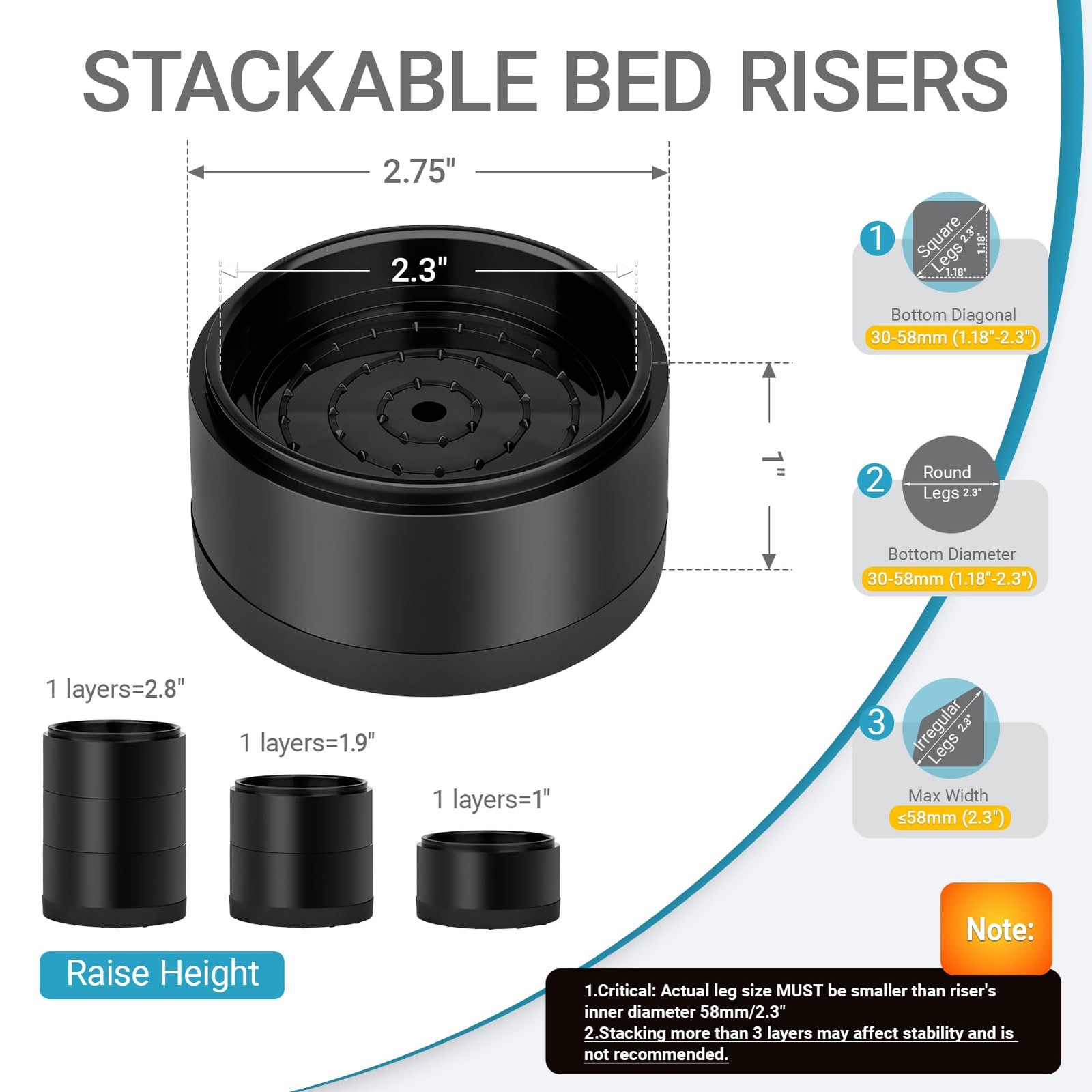 1″ Heavy Duty Furniture Risers Set of 8, Round 1 Inch, Black 8 Pack