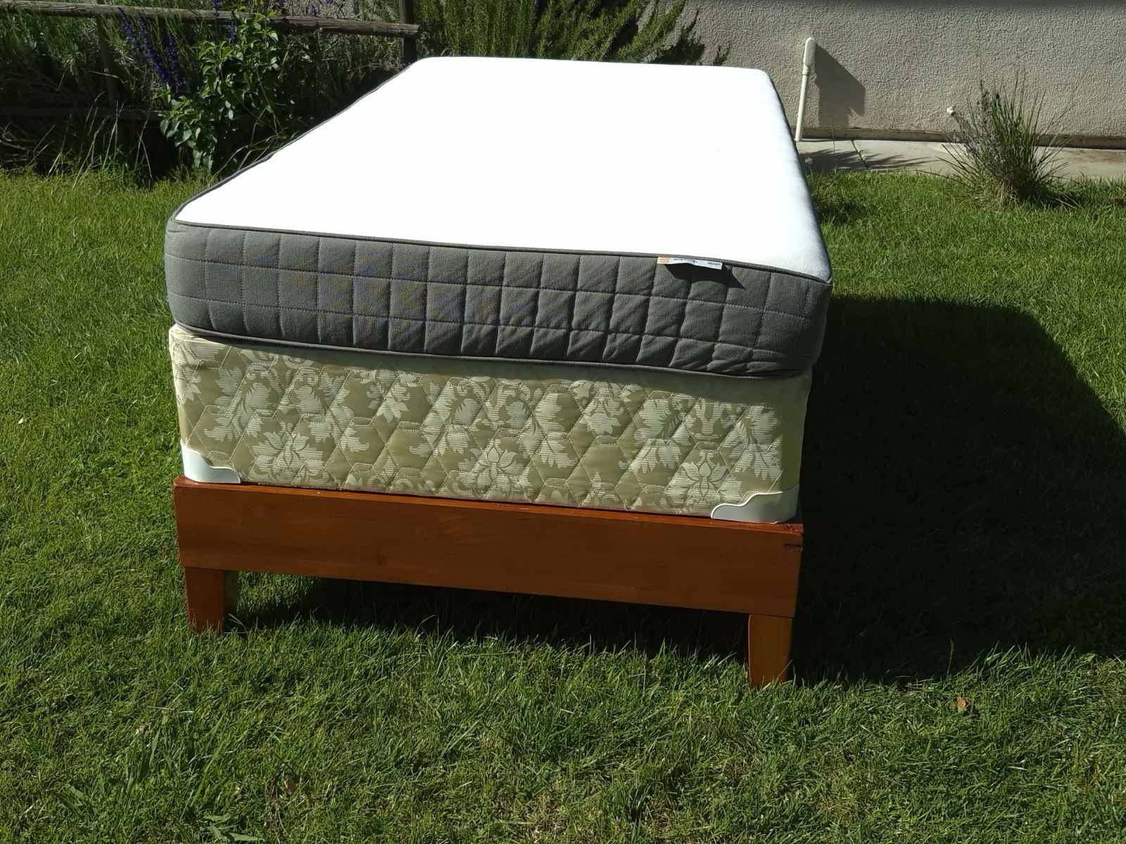 Twin Firm Quilted Mattress White Gray Beige Fabric Cover with a Wooden Bed frame