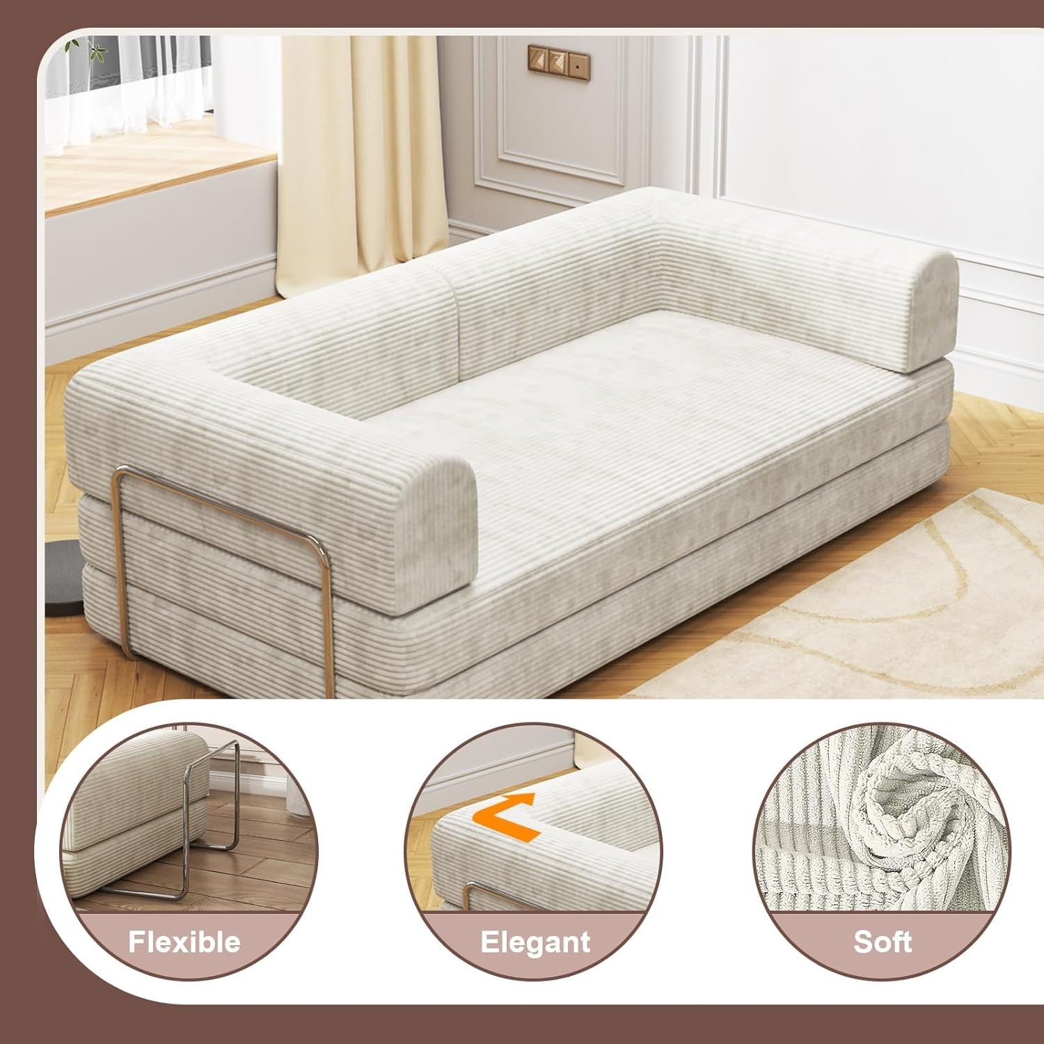 79″ 5-in-1 Convertible Sleeper Sofa Bed, No Assembly Corduroy Modular
