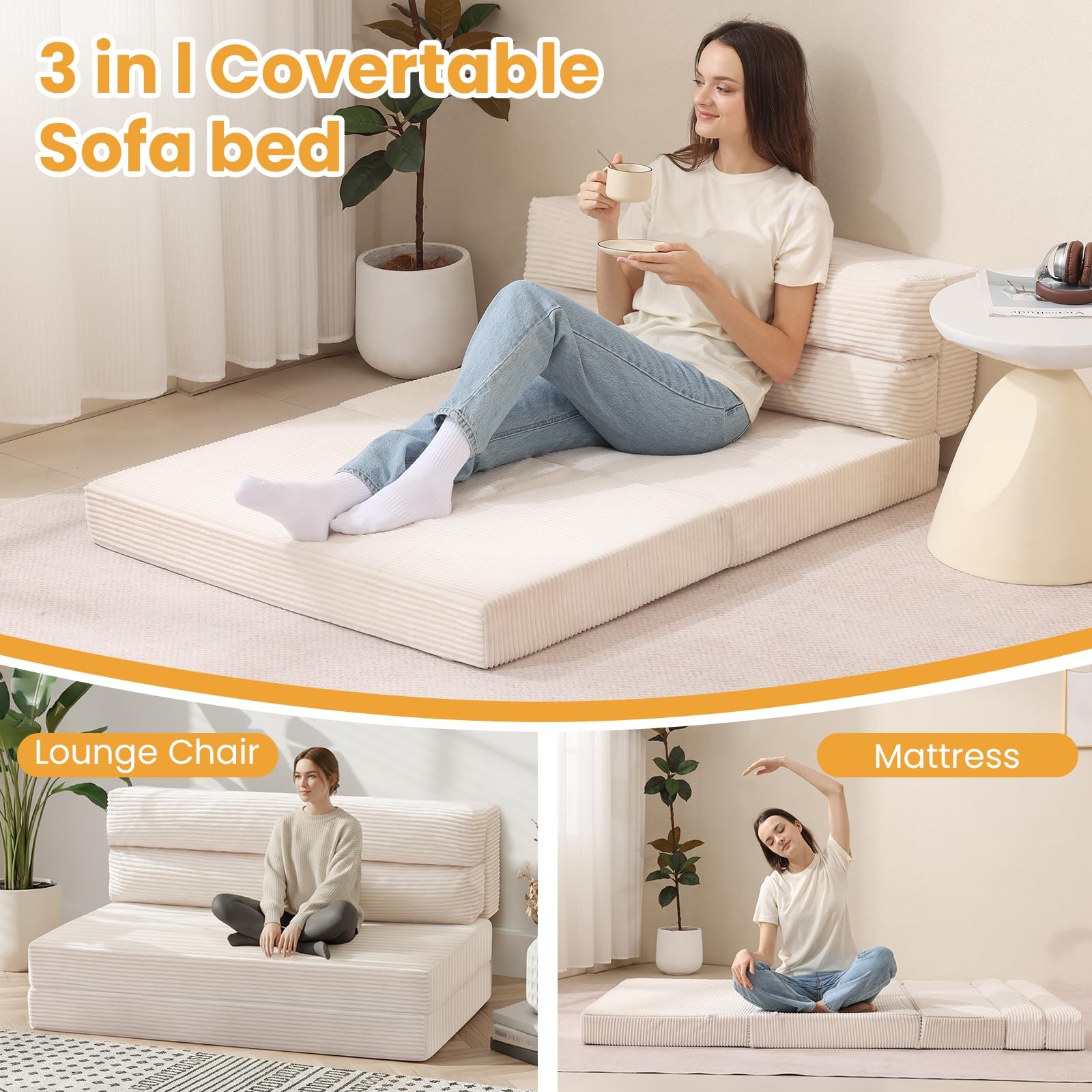 Folding Mattress, 3 in 1 Convertible Sofa Bed Fold Out Couch Bed Floor Couch …
