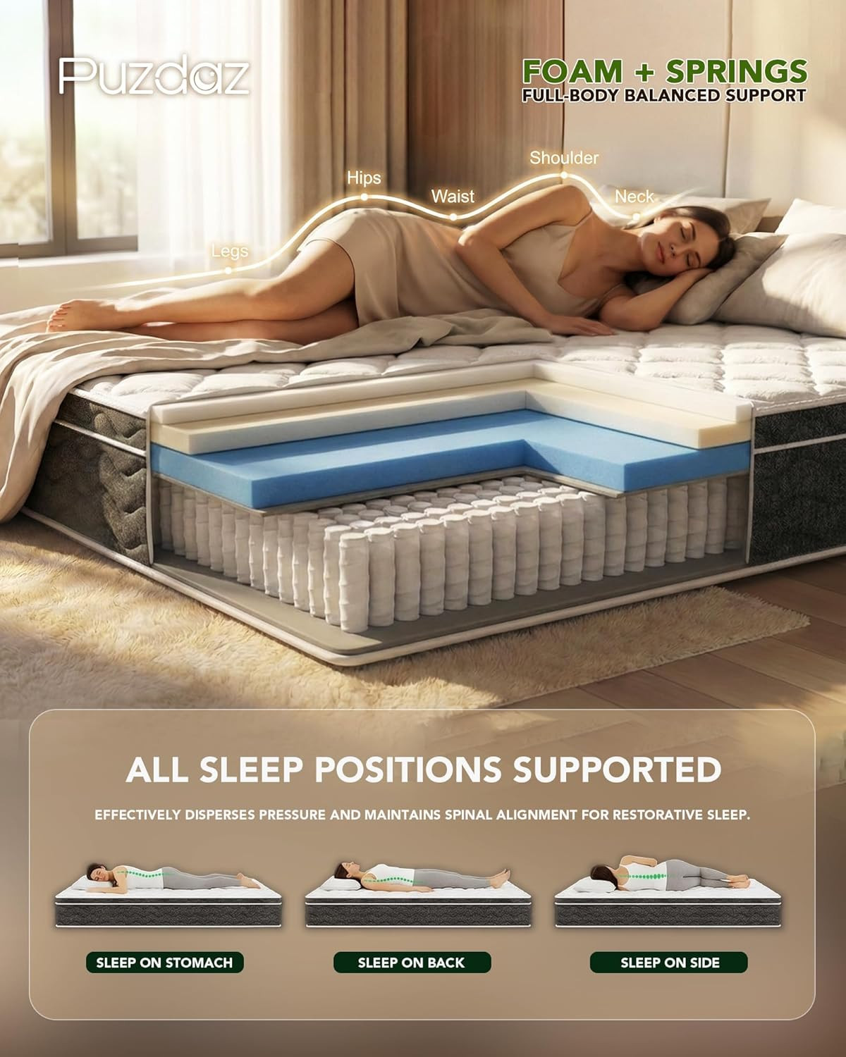 Queen 12″ Hybrid Mattress Memory Foam Pocket Coil Medium Firm