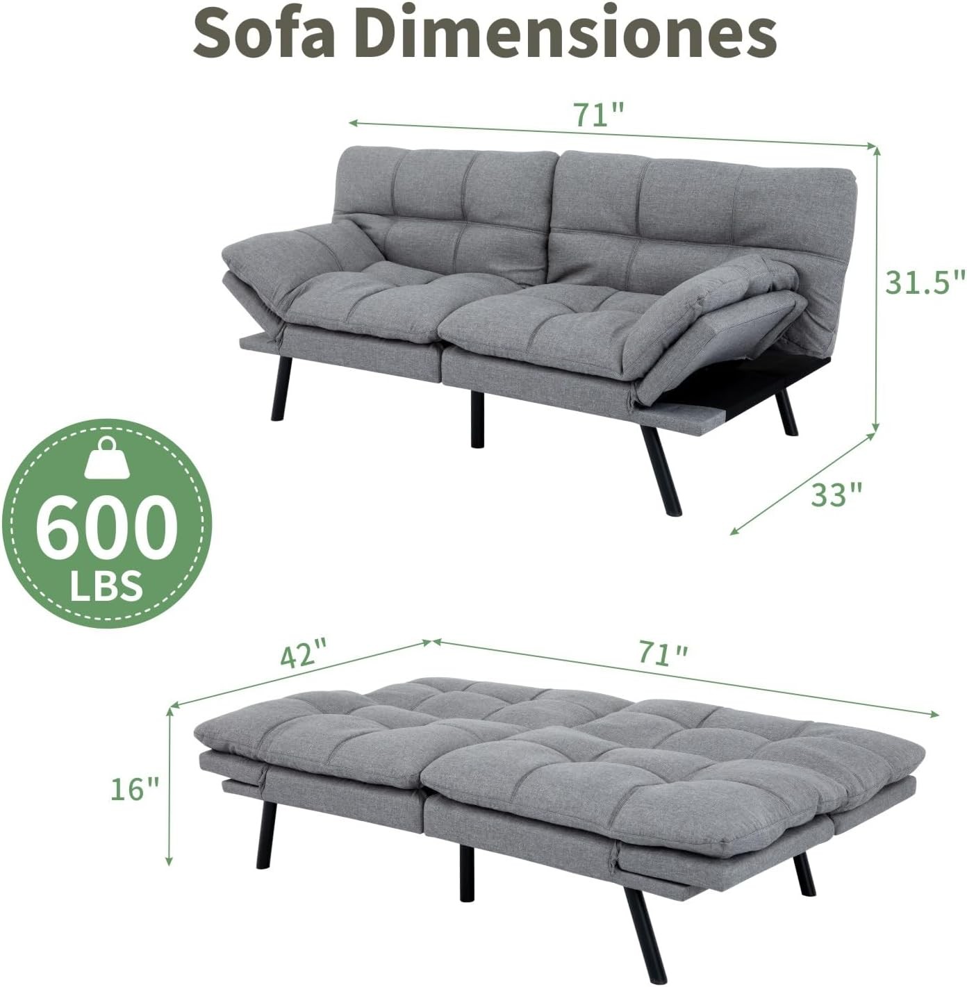 MUUE 71-Inch Futon Sofa Bed, Convertible Loveseat Sleeper | Airy Light