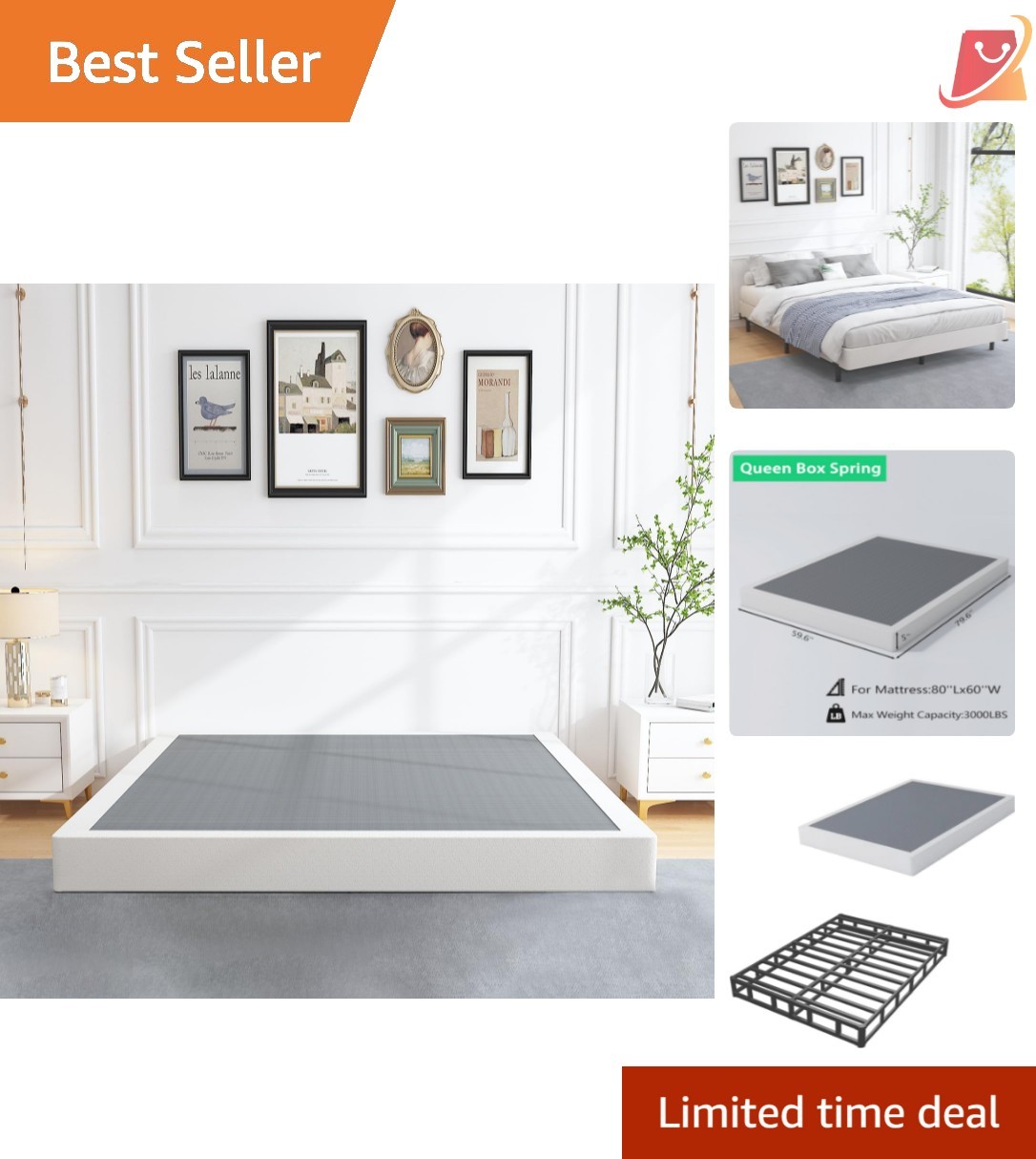 Heavy Duty Metal Box Spring Queen 5 Inch Capacity Non-Slip Noise-Free Support