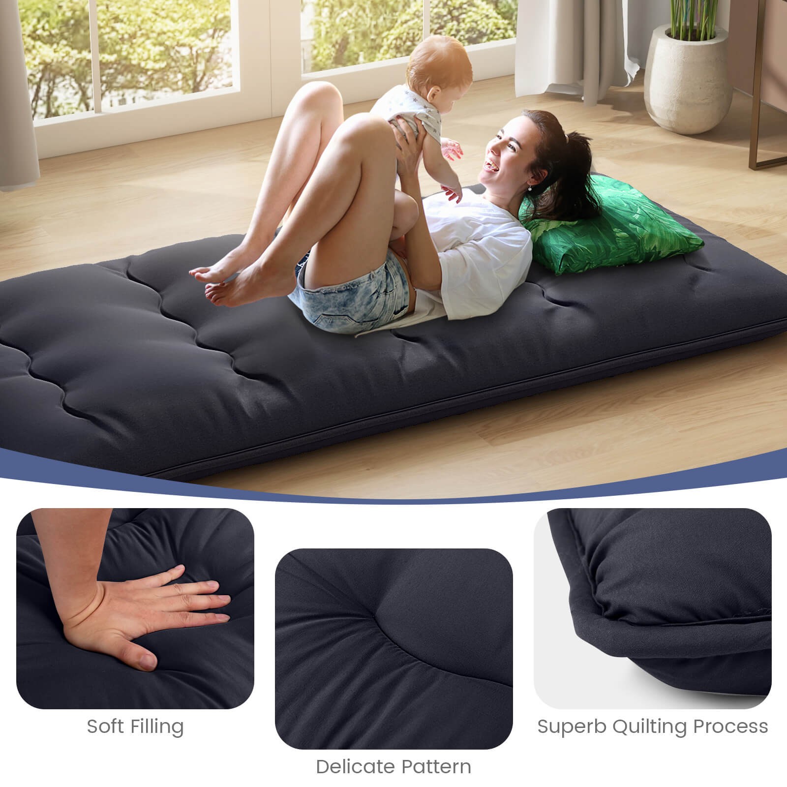 Twin Futon Mattress Japanese Floor Sleeping Pad Washable Cover Carry Bag Black