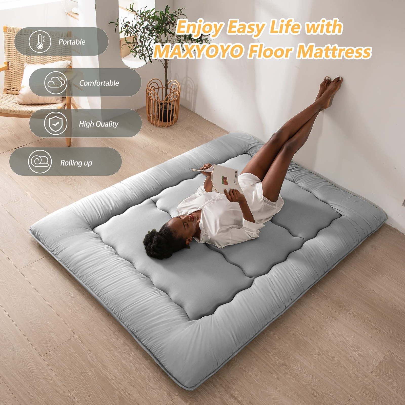 MAXYOYO Japanese Floor Mattress Futon Mattress, Thicken Daybed Futon Roll Up …