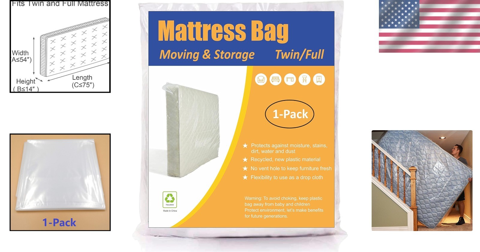Clear Mattress Protection Bag for Twin/Full, Lightweight & Durable Storage