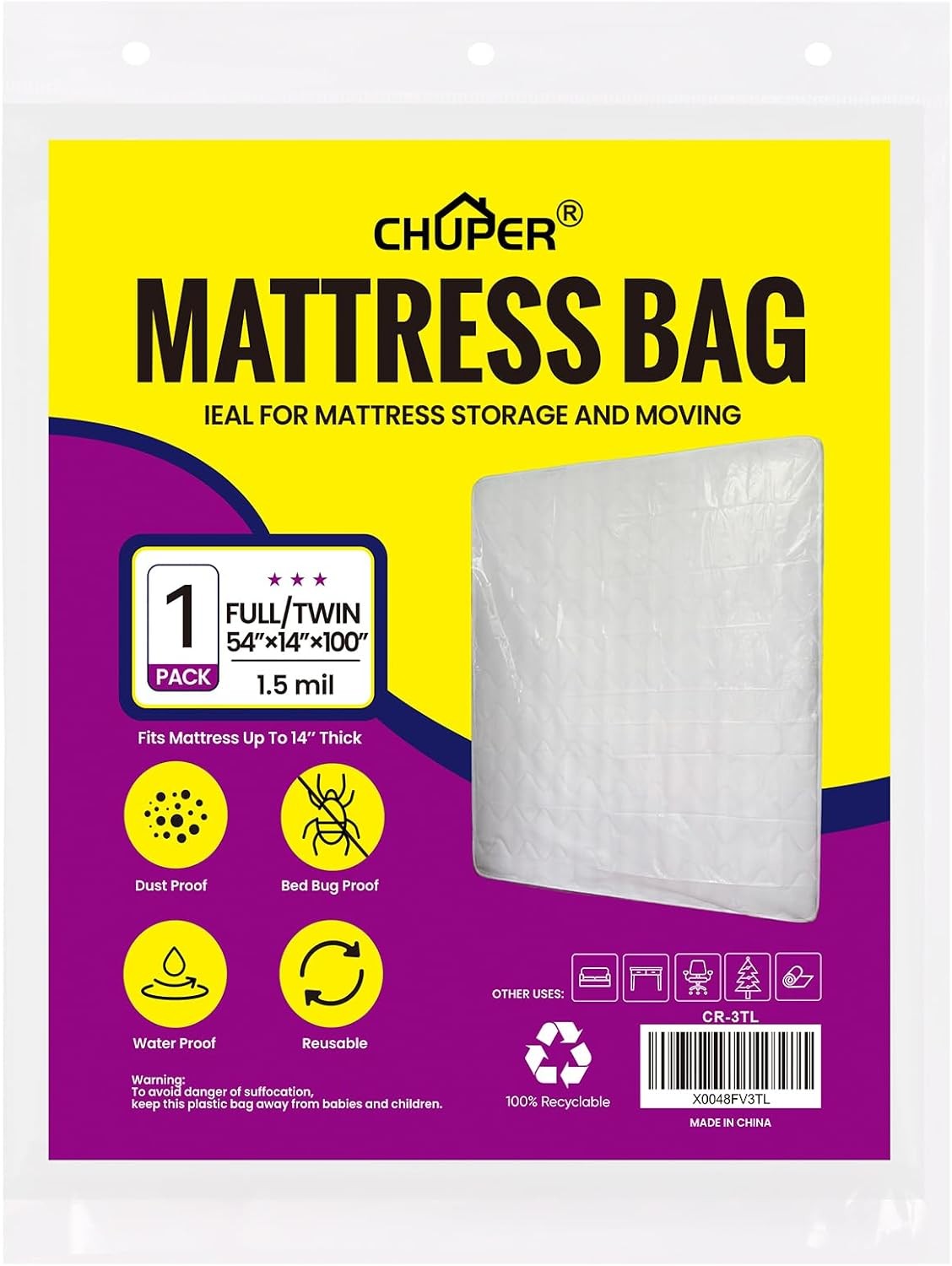 Mattress Moving & Storage Bag 100×60, Waterproof Dustproof Heavy Duty