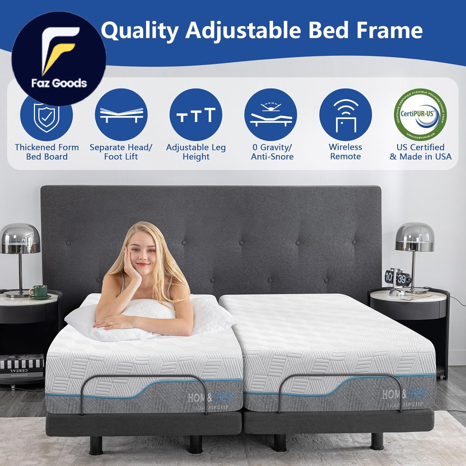 Adjustable Queen Bed Frame & 14″ Gel Memory Foam Mattress with Smart Features