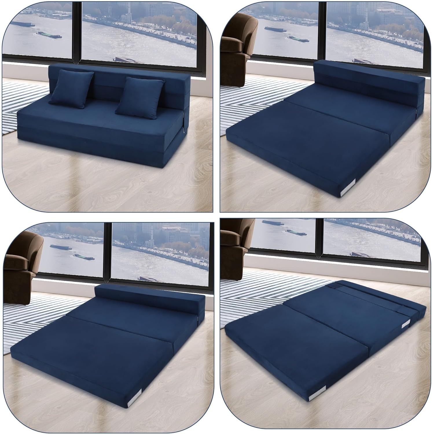 Queen Size Folding Sofa Bed Convertible Floor Futon Bed Mattresses w/ 2 Pillows