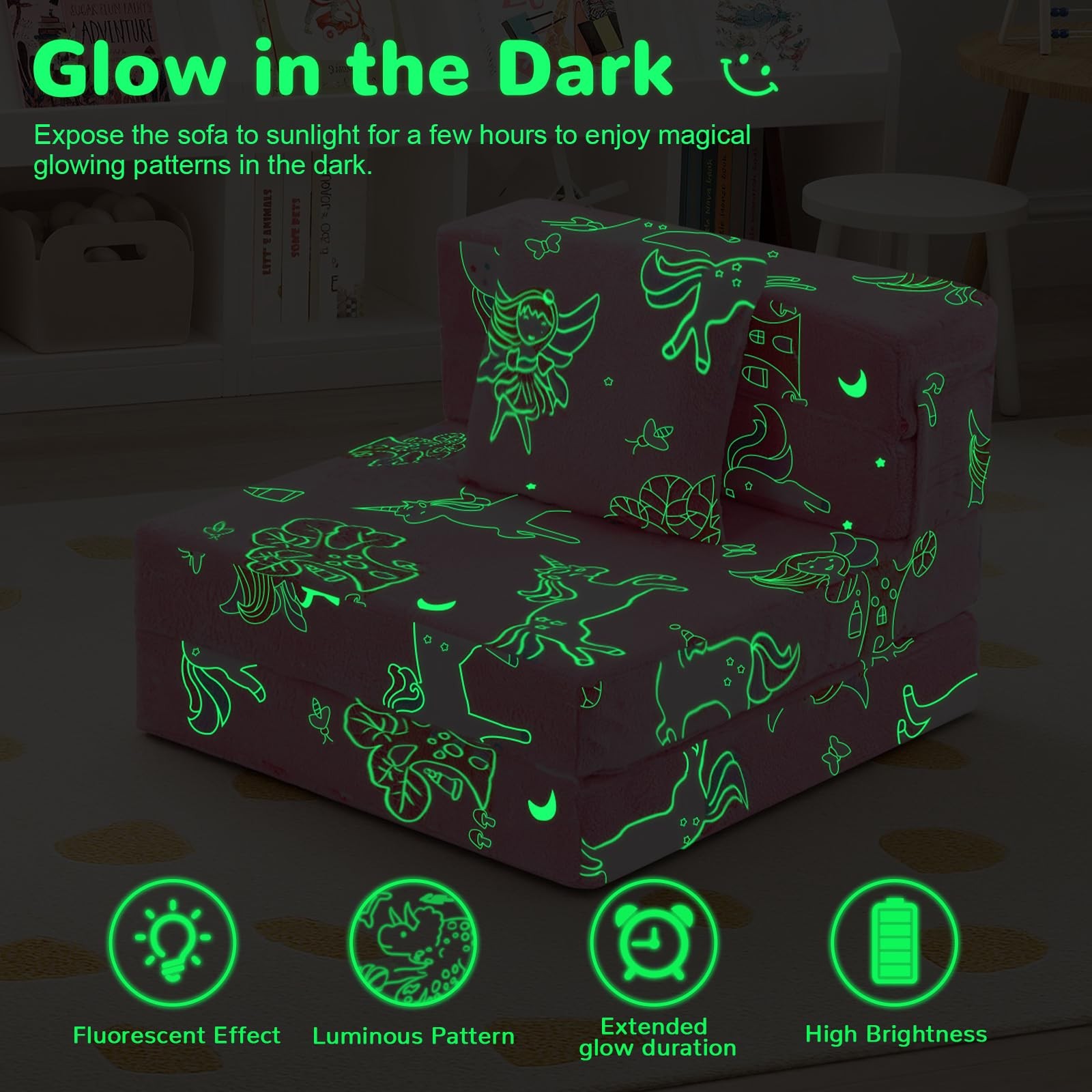 Foldable Futon Chair Bed for Kids, Glow Tri-fold Sofa Bed Convertible Toddler…