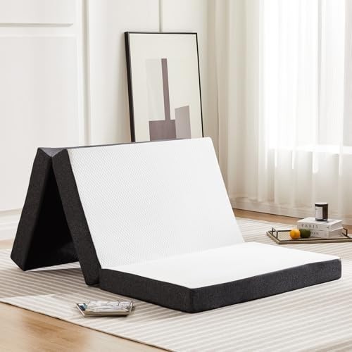 Tri-Fold Memory Foam Mattress 4″ Twin Size Portable Floor Bed, Washable Cover, T
