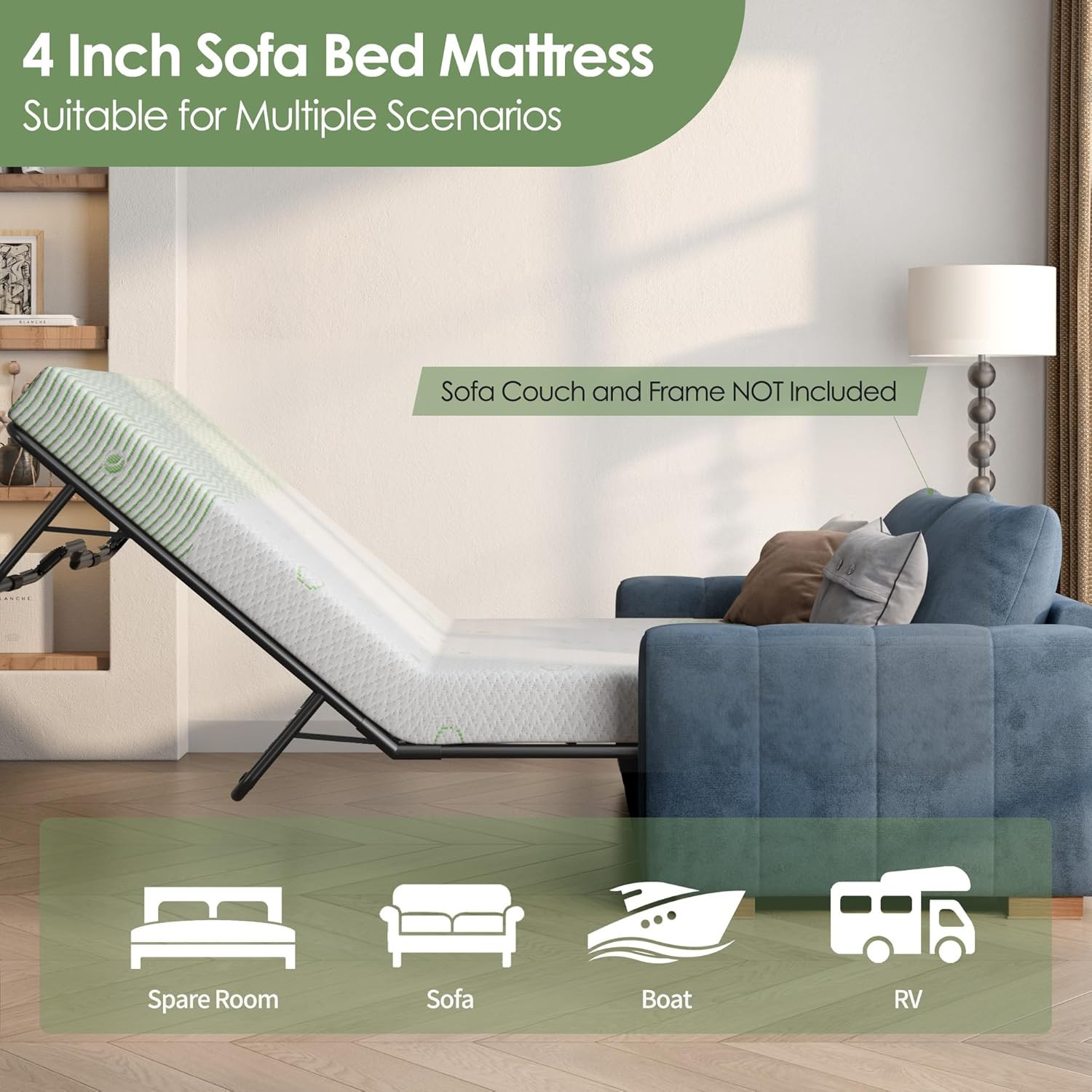 4 Inch Gel Memory Foam Sofa Mattress Queen Size – Light Green & White Foldable R