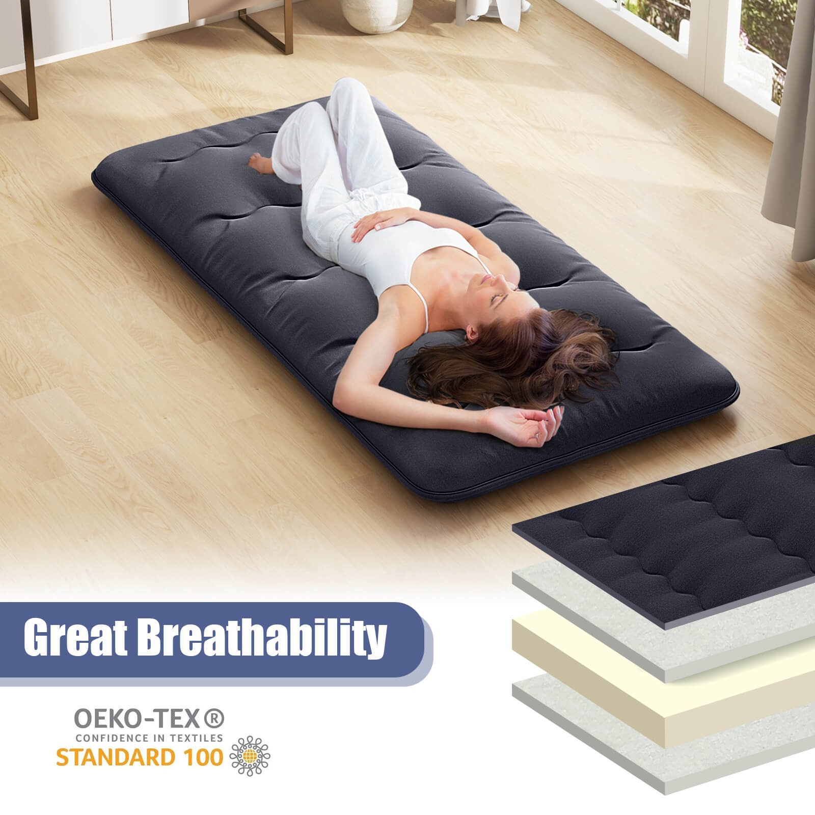 Twin Futon Mattress Japanese Floor Sleeping Pad Washable Cover Carry Bag Black