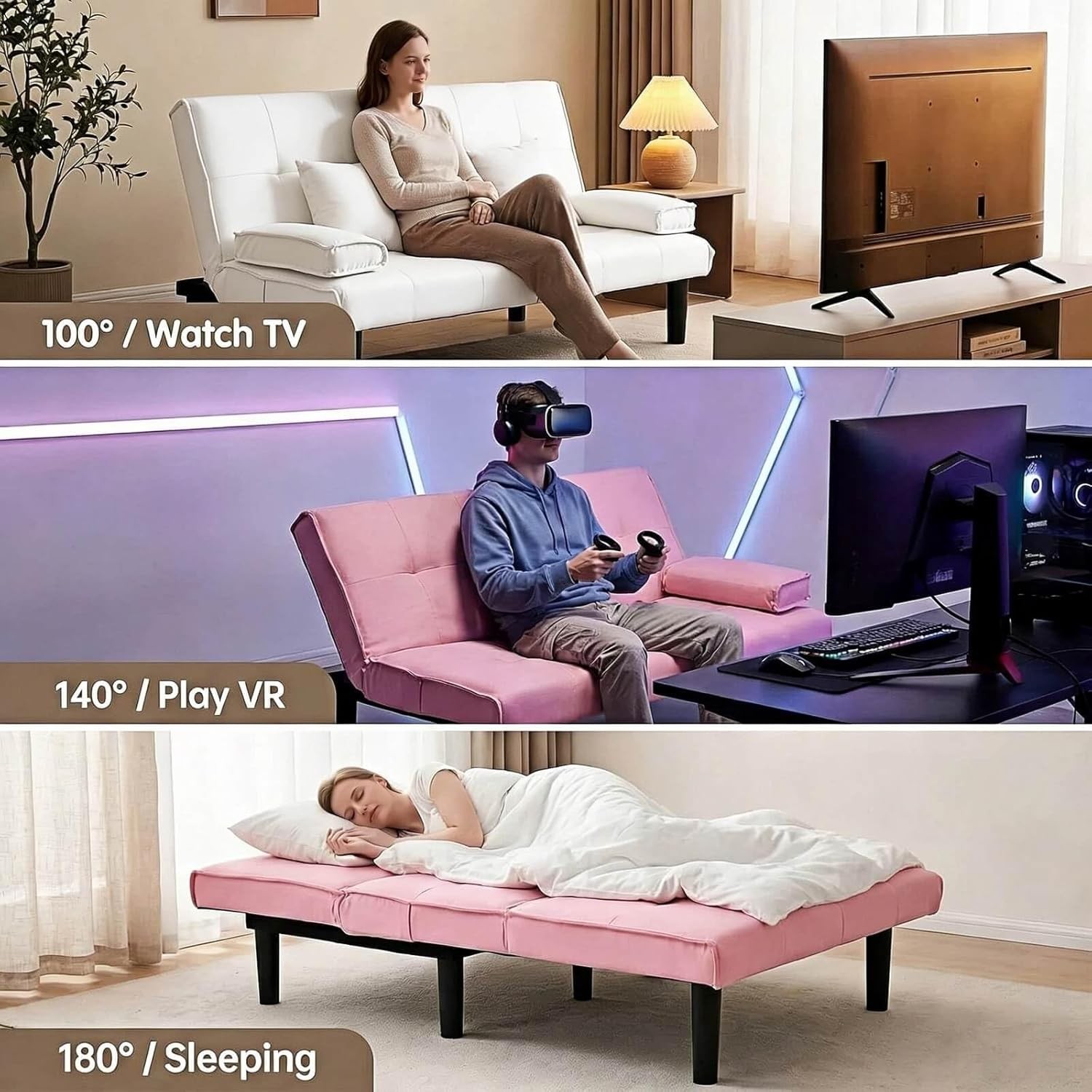 67″ Futon Sofa Bed with Cup Holders, Convertible 3 in 1